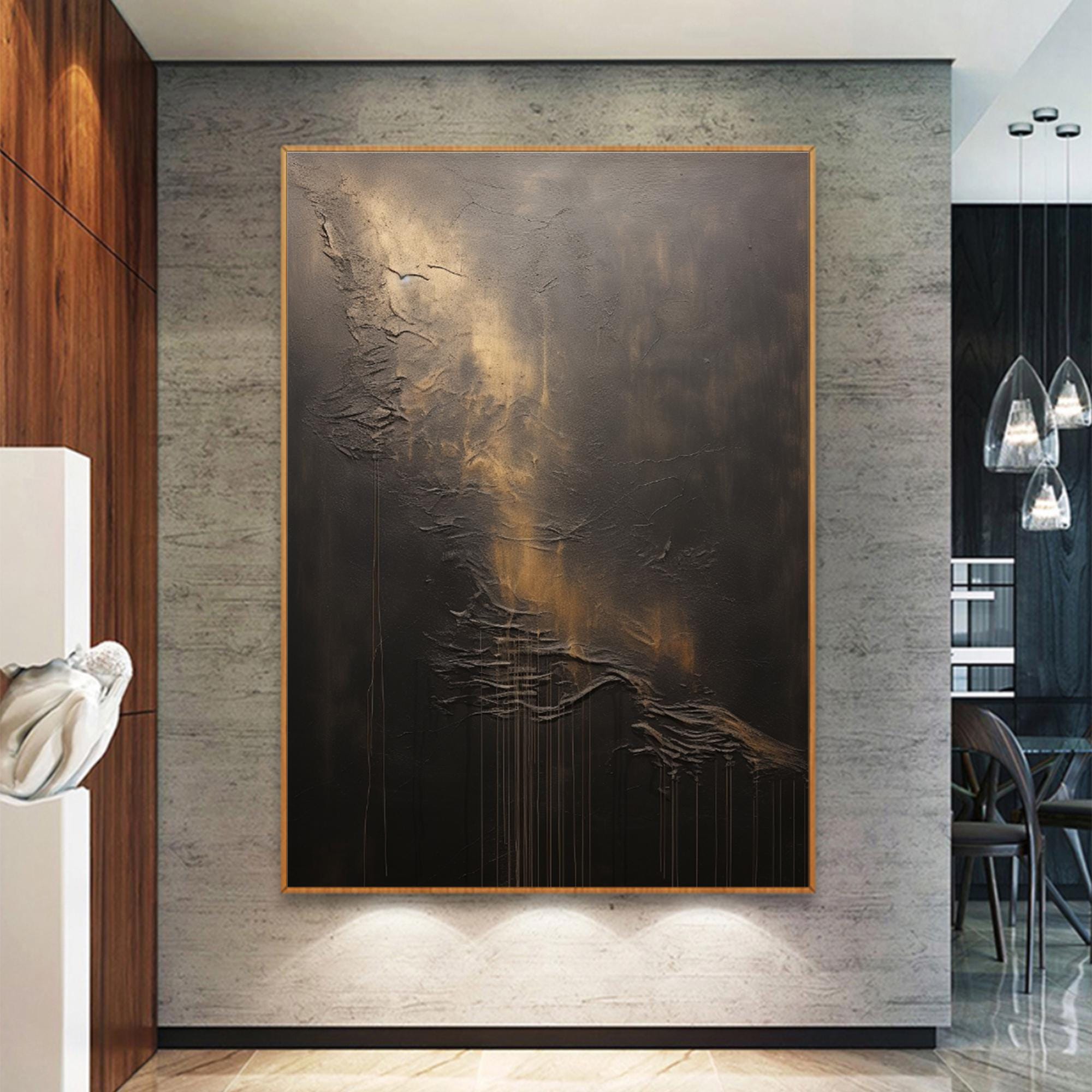 Echo of Shadows – Black and Gold Textured Abstract Canvas