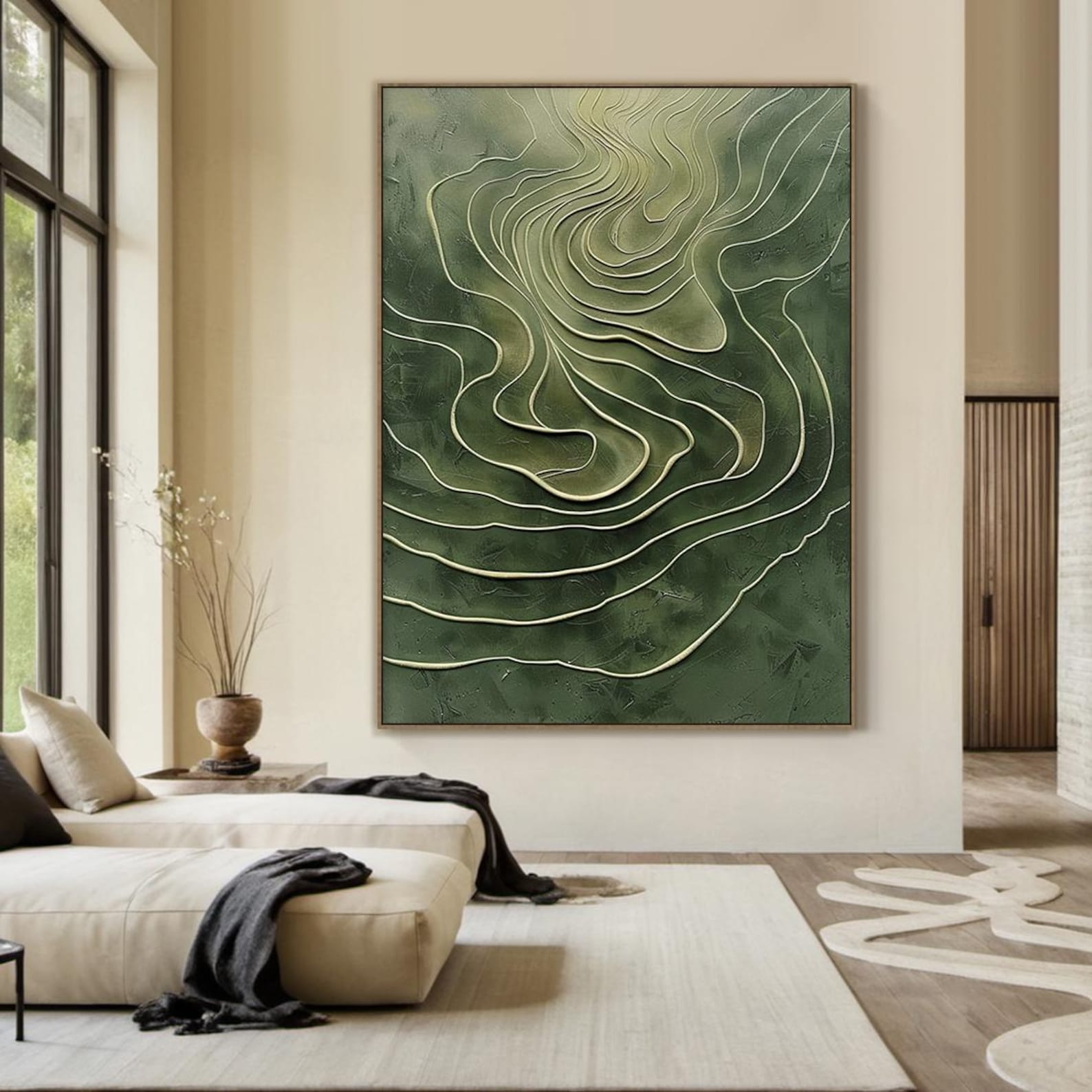 Terrace Flow - Large Green Textured Abstract Wall Art | Modern 3D Canvas for Living Room Decor
