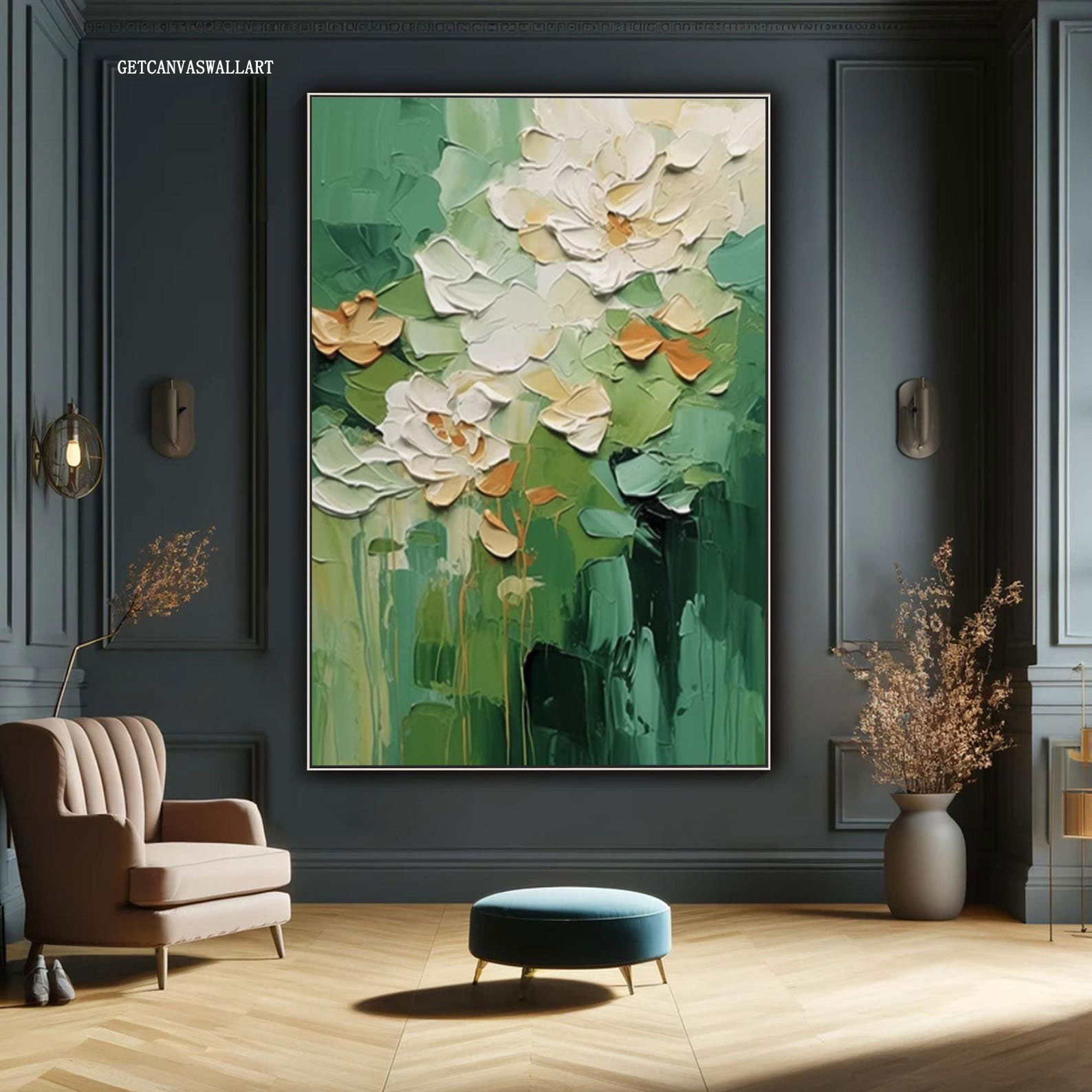Blossom Serenity – Abstract Floral Canvas Painting for Living Room Wall Art Large abstract floral oil painting with textured brushstrokes, featuring white and beige flowers on a green canvas, modern living room wall art.