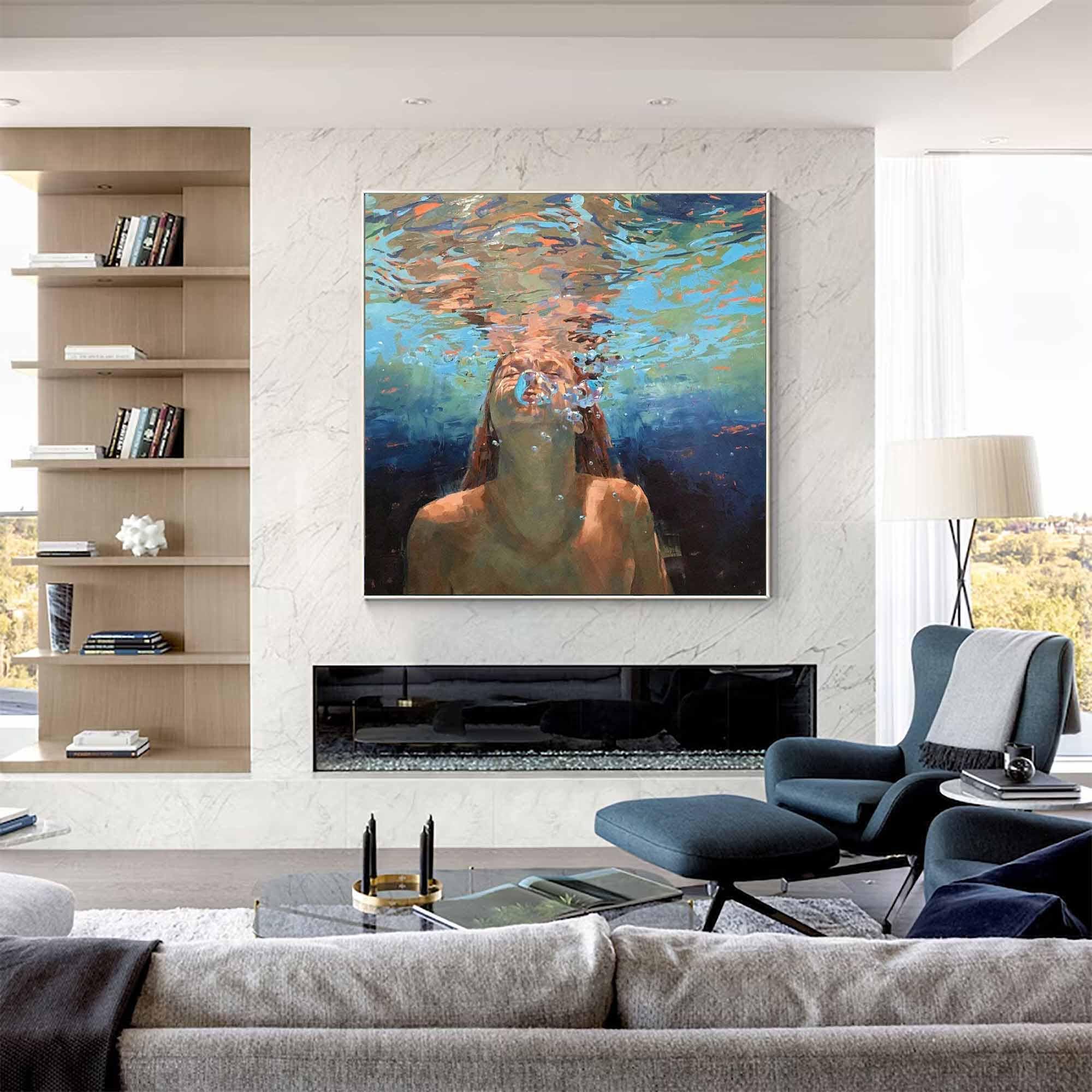 Beneath the Surface – Underwater Portrait Painting, Textured Canvas Wall Art
