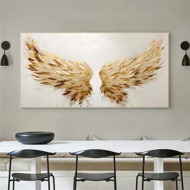 Golden Wings Large Textured Angel Wing Abstract Canvas Wall Art