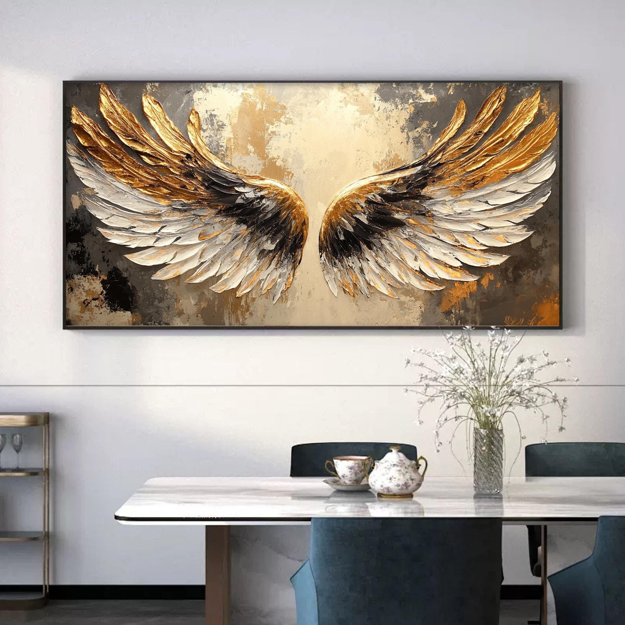 Eternal Wings – Large Textured Gold and White Angel Wing Canvas Wall Art