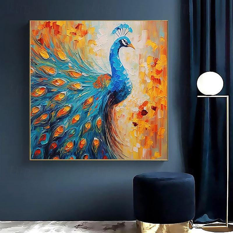 Golden Bloom – Large Textured Blue Peacock Canvas Wall Art