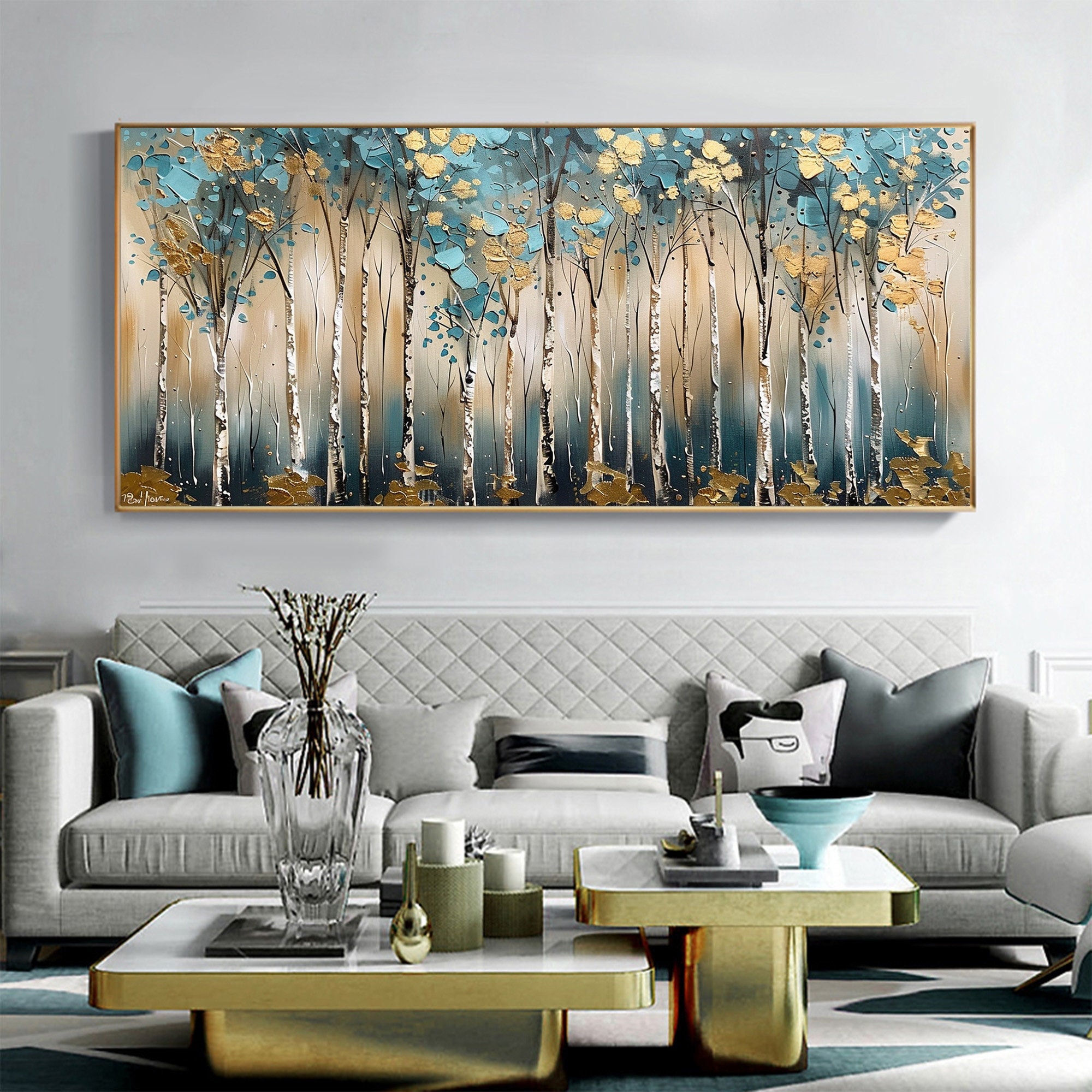 Golden Forest – 3D Textured Tree Wall Art in Teal and Gold Tones for Modern Living Room Décor