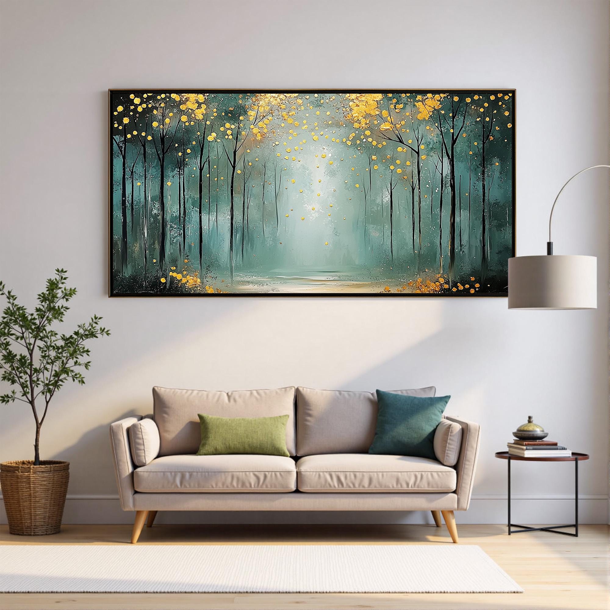 Golden Glow Forest – Abstract Tree Wall Art with Teal and Yellow Accents for Bedroom or Living Room