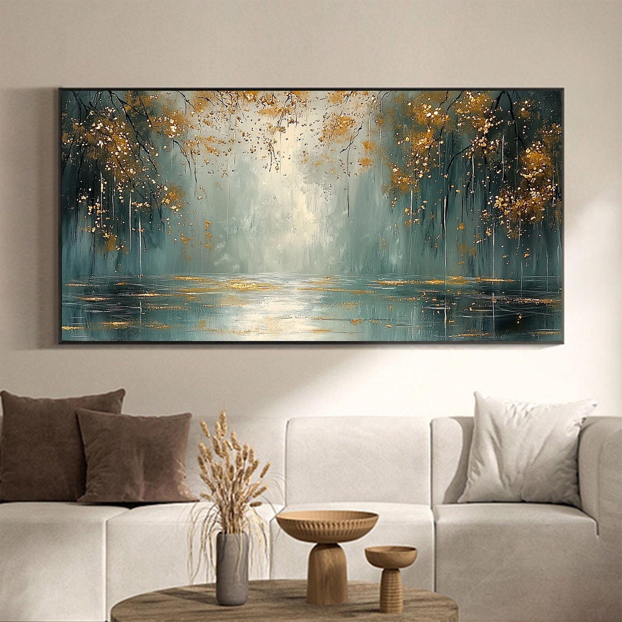 Golden Reflections – 3D Textured Forest and Lake Wall Art in Teal and Gold for Living Room Décor