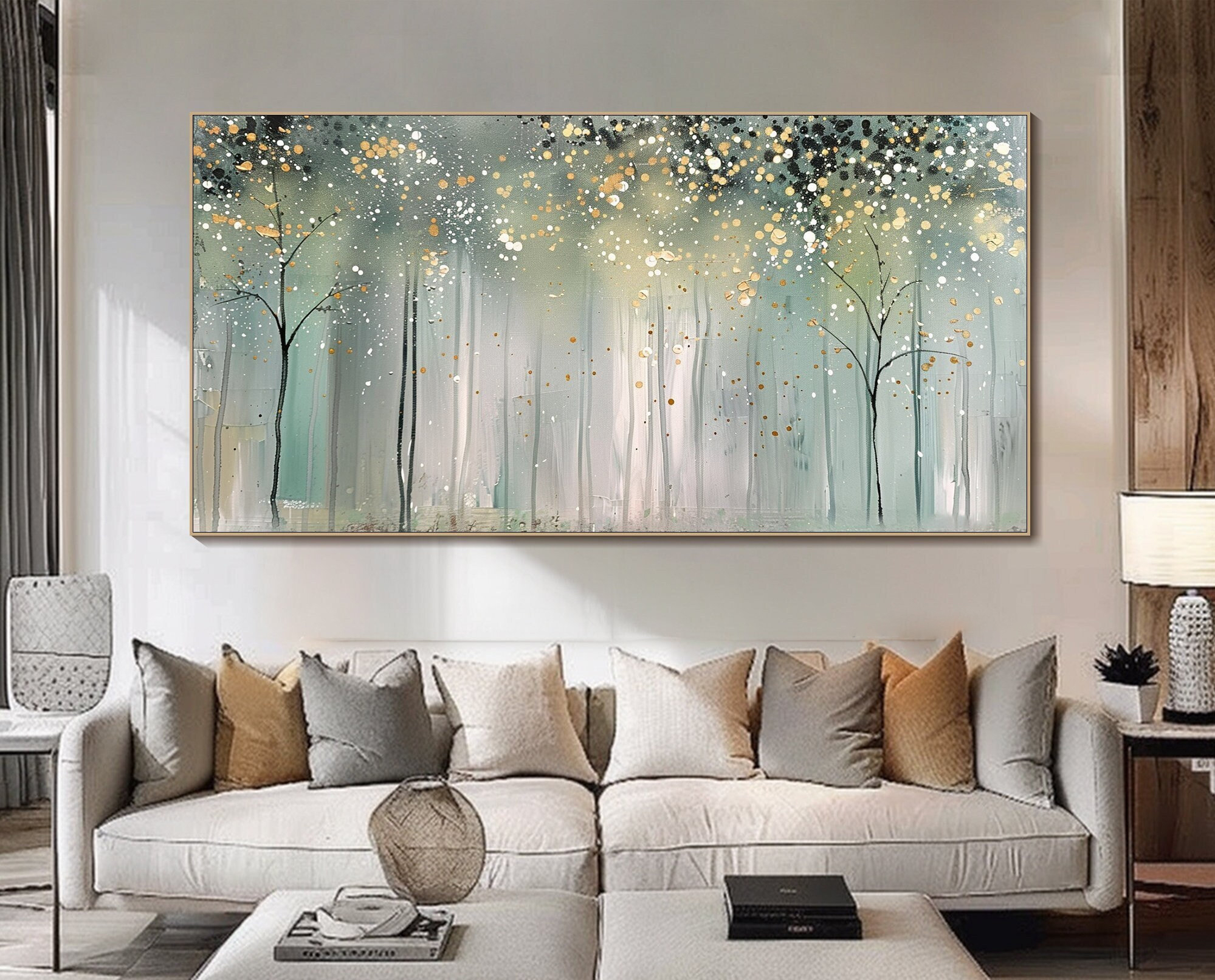 Dreamlight Forest – Abstract Tree Wall Art in Soft Teal, Cream and Gold Tones for Modern Living Room