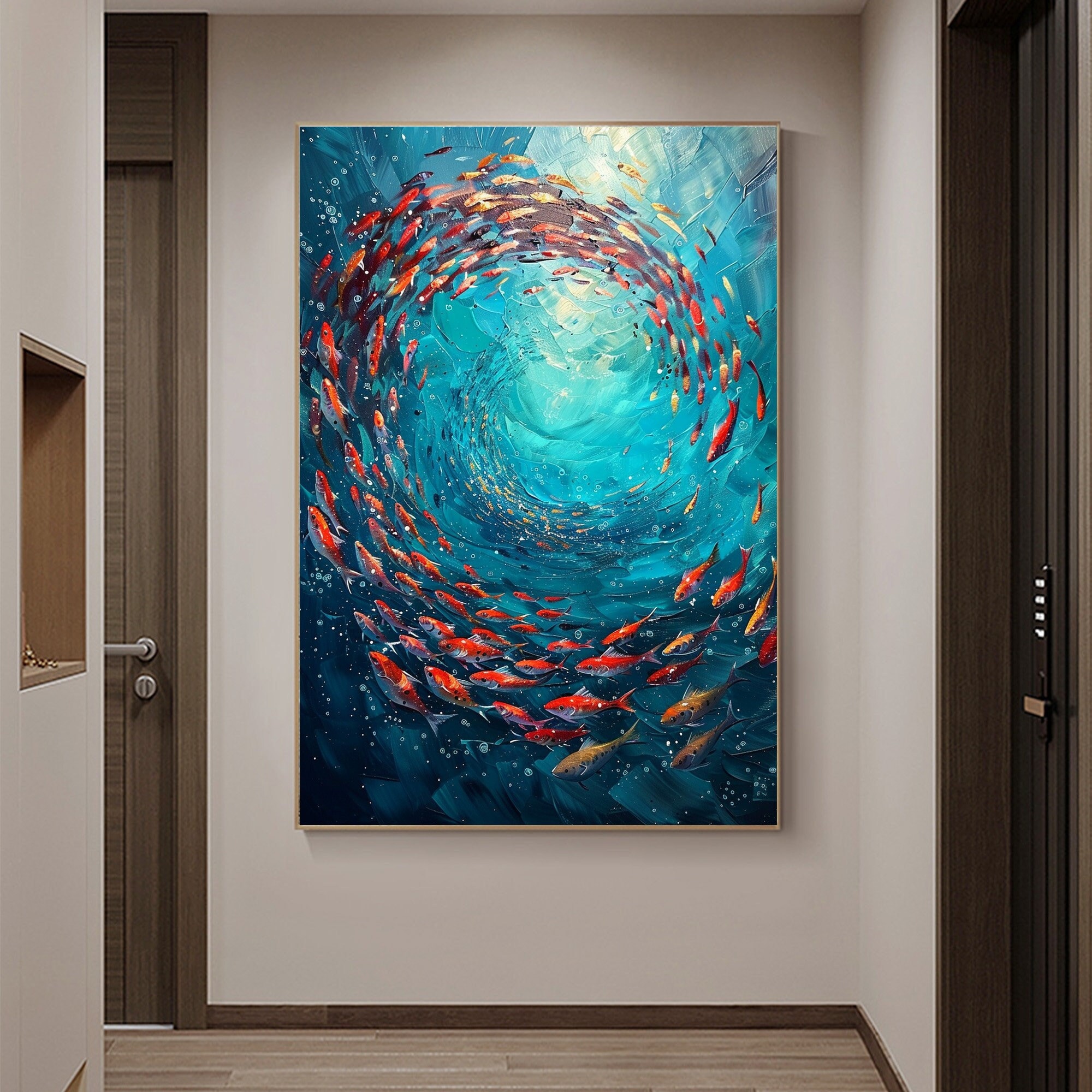 Swirling Tide – 3D Textured Fish in Blue Water Oil Painting