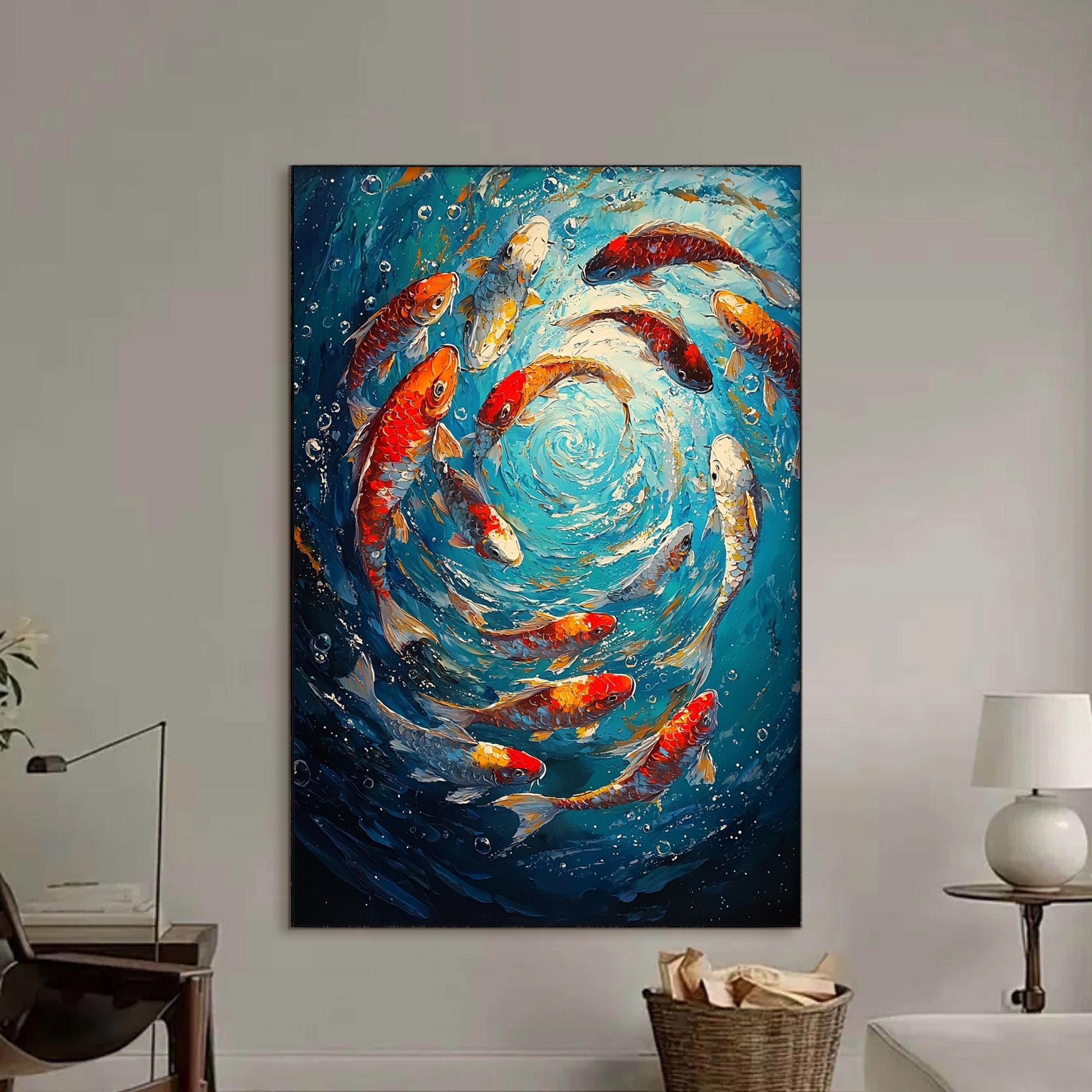 Whirlpool of Koi – 3D Textured Fish Oil Painting for Living Room or Office Decor
