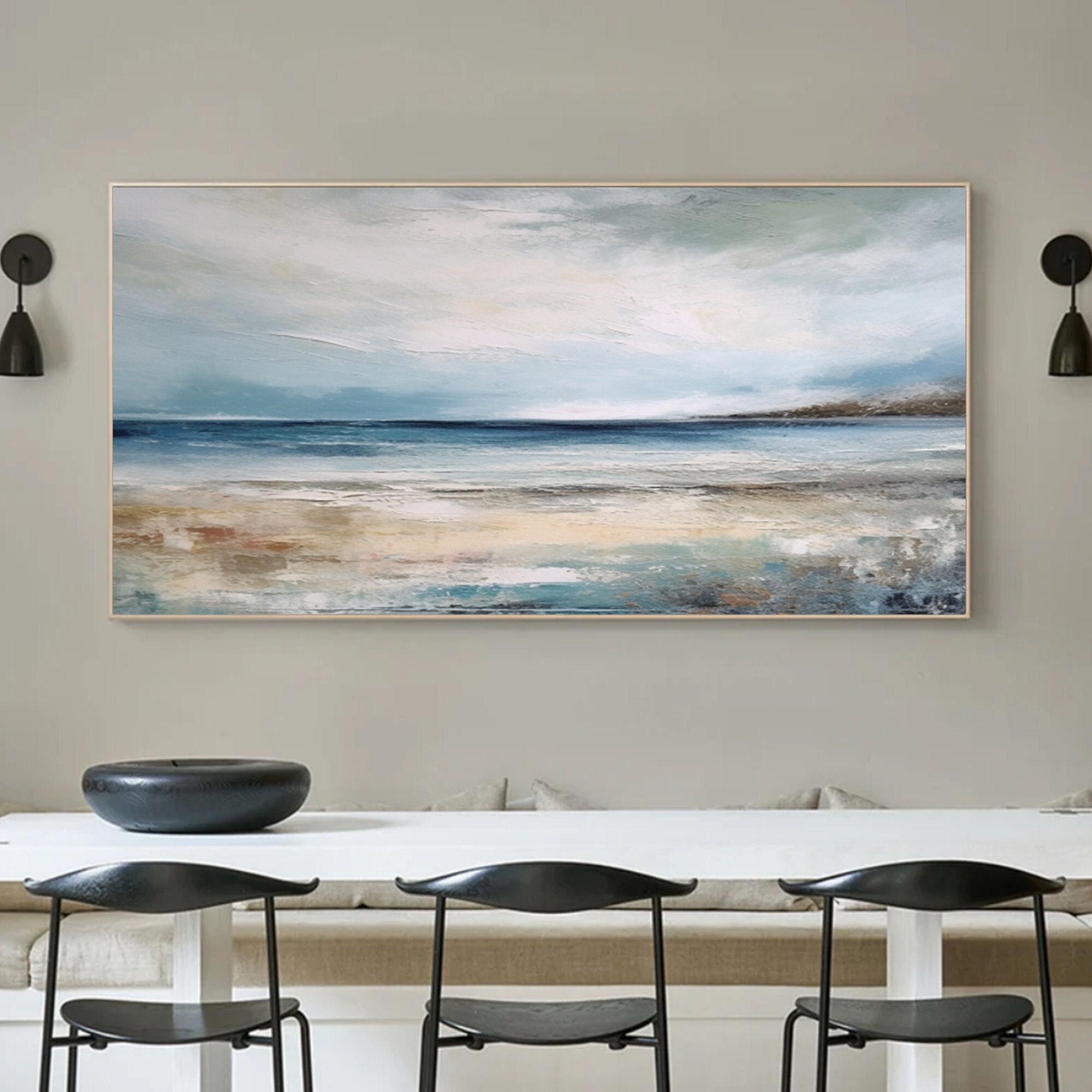 Calm Horizon - Large Coastal Seascape Oil Painting, Modern Textured Ocean Canvas Wall Art