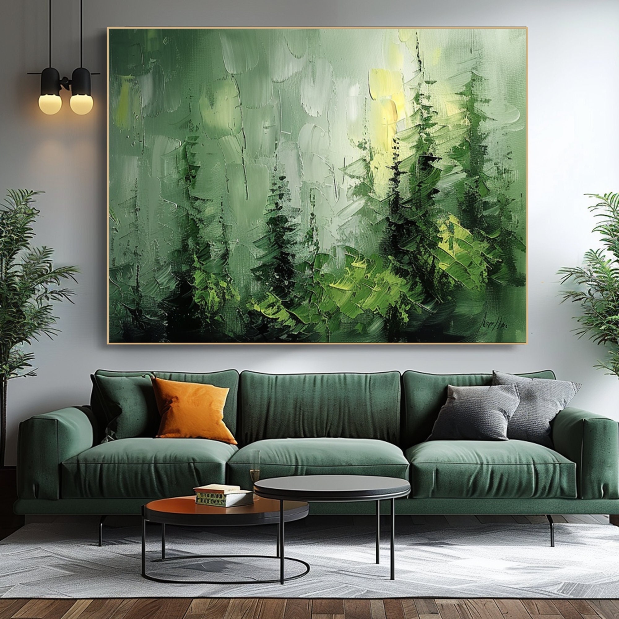 Emerald Silence - Forest Landscape Oil Painting, Large Textured Green Nature Canvas Wall Art