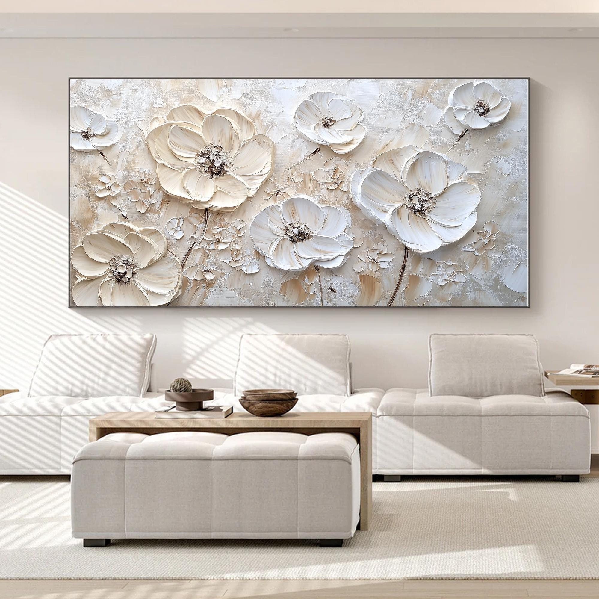 Timeless Petals – Large Textured White Floral Oil Painting