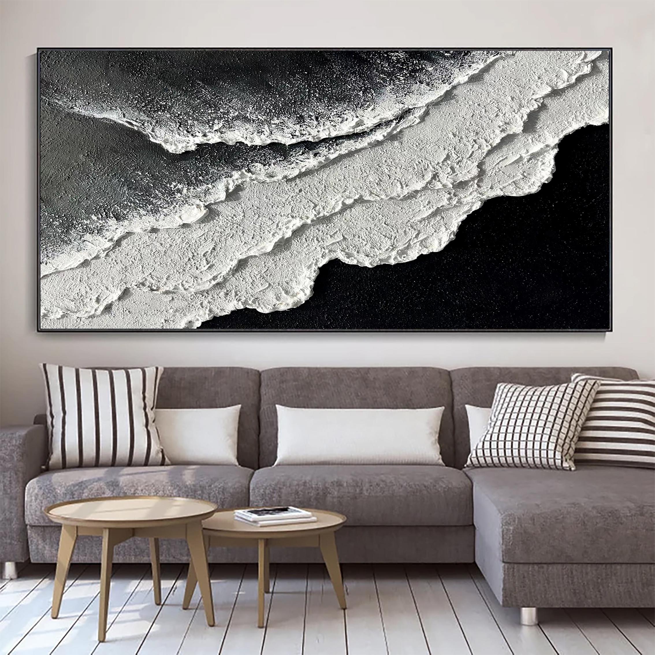 Monochrome Tide — Black and White Textured Seascape Oil Painting, Modern Abstract Wall Art