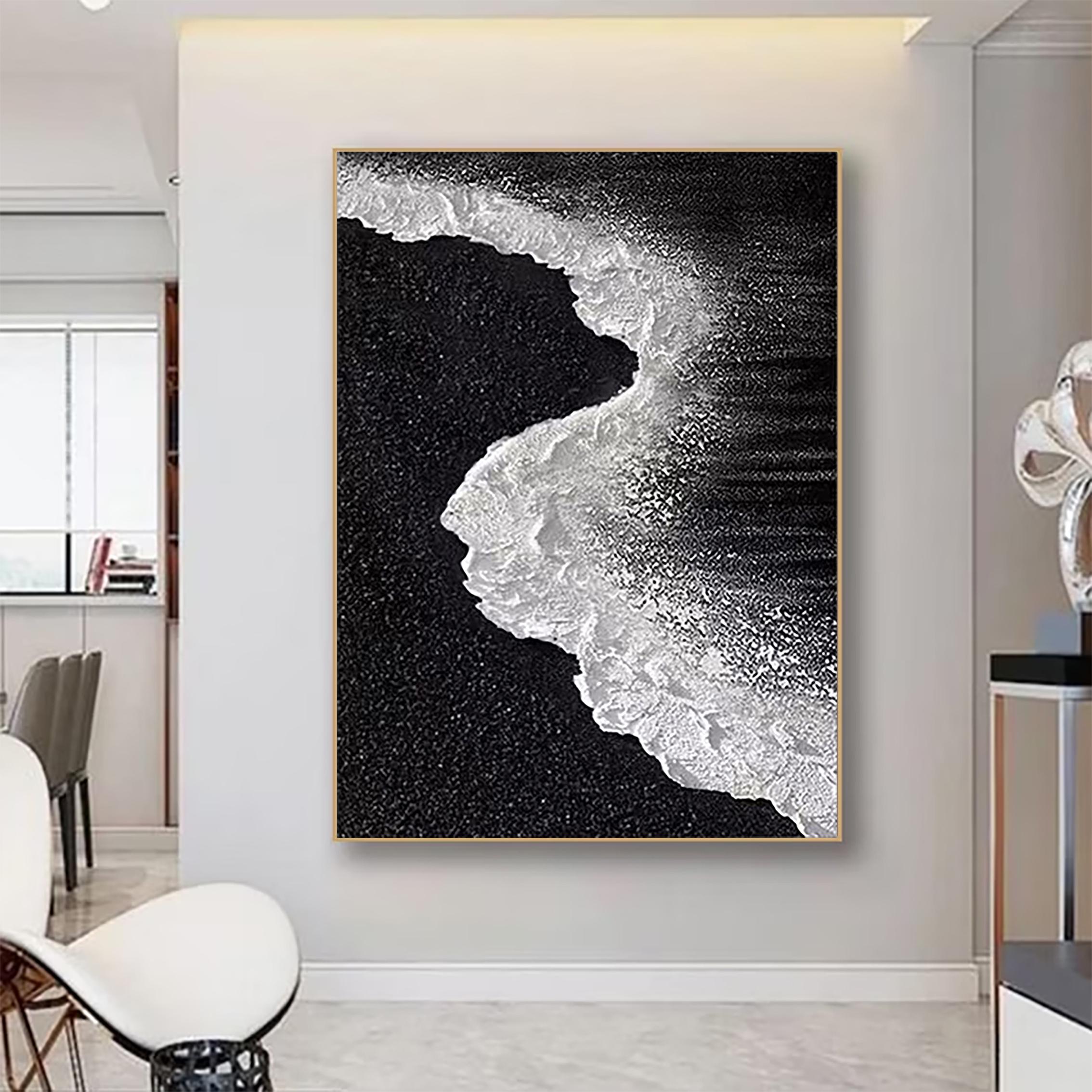 Vertical Tide — Black and White Textured Seascape Oil Painting, Abstract Coastal Wall Art