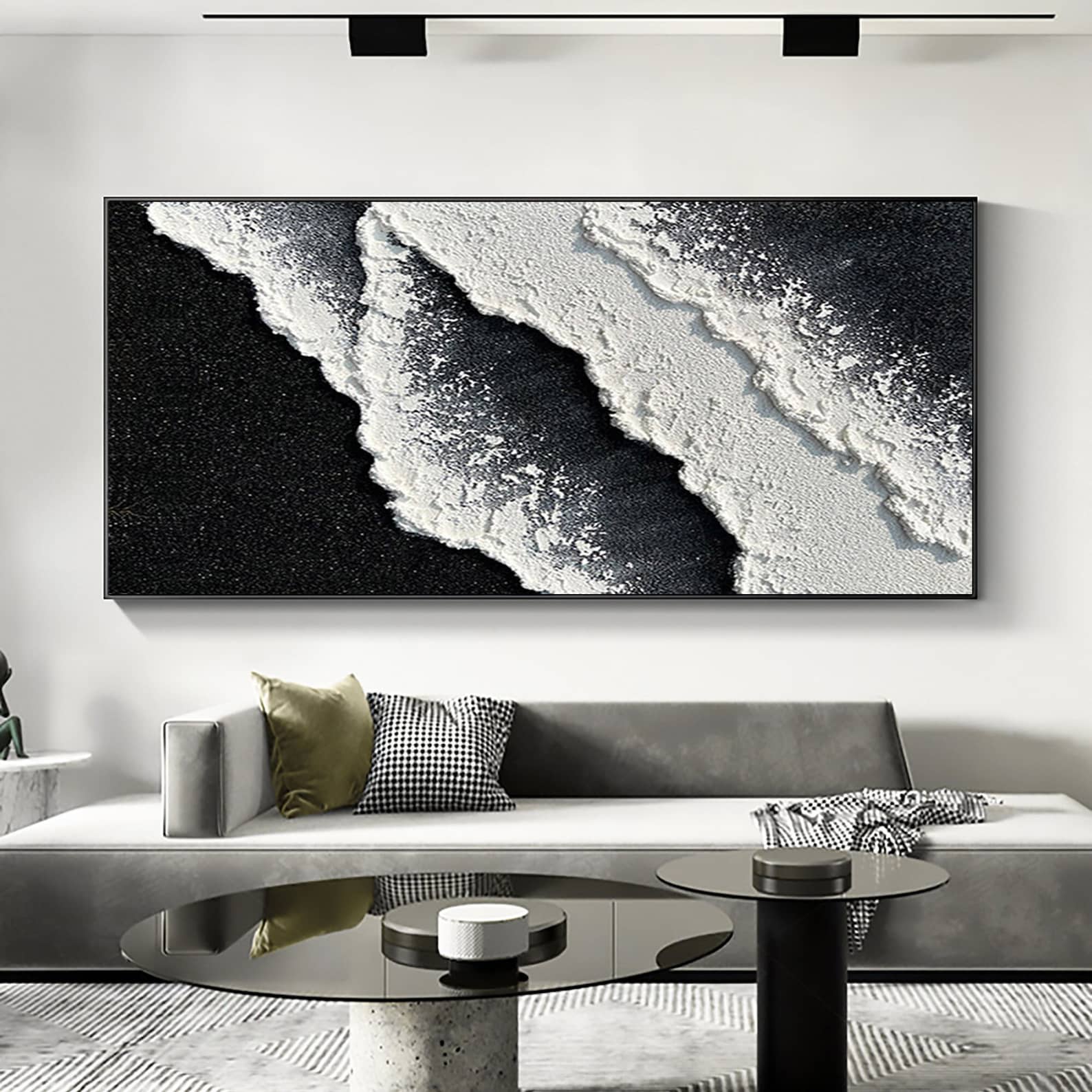 Diagonal Tide — Black and White Textured Wave Oil Painting, Abstract Coastal Wall Art