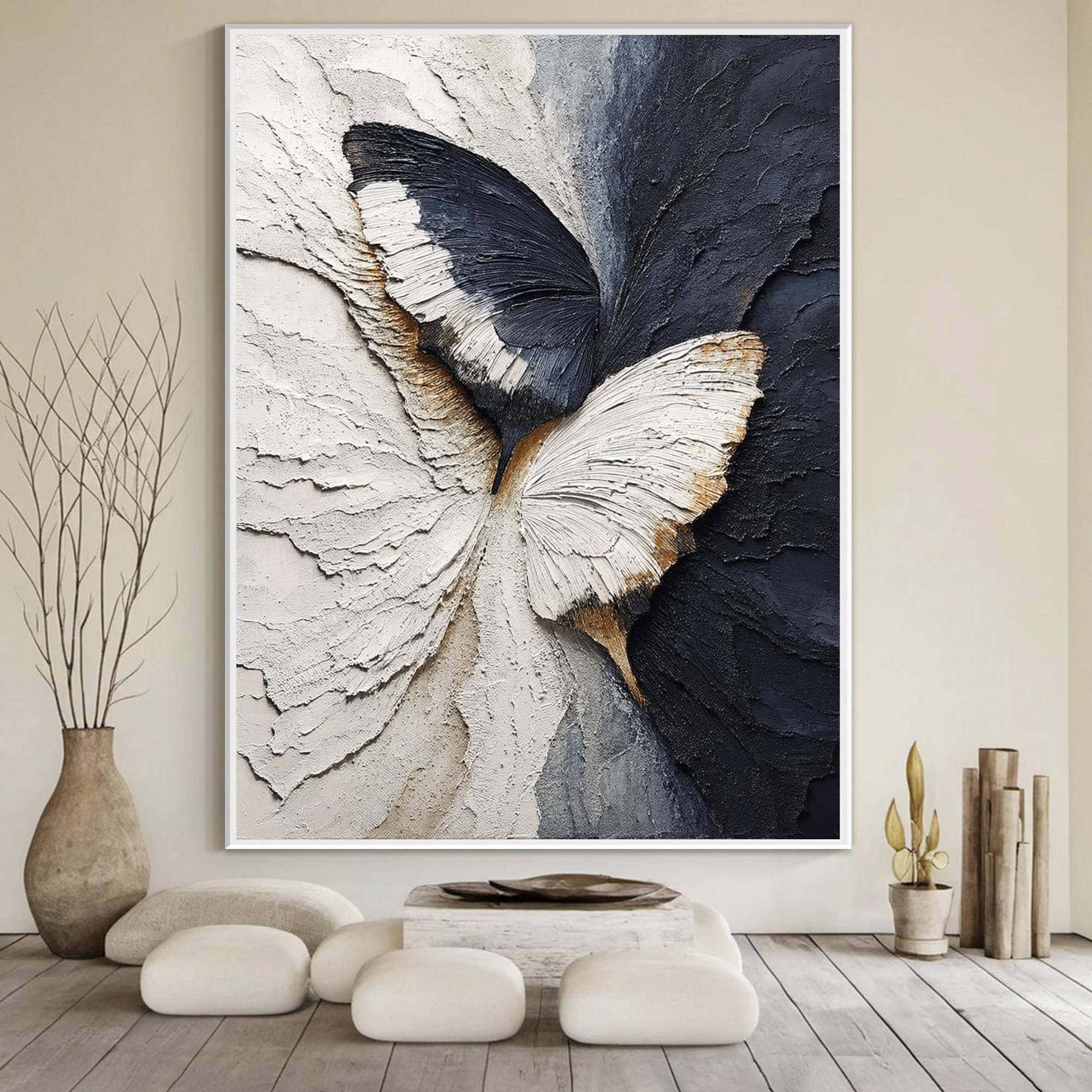 Wings of Serenity — Textured Butterfly Abstract Oil Painting, Modern Minimalist Wall Art