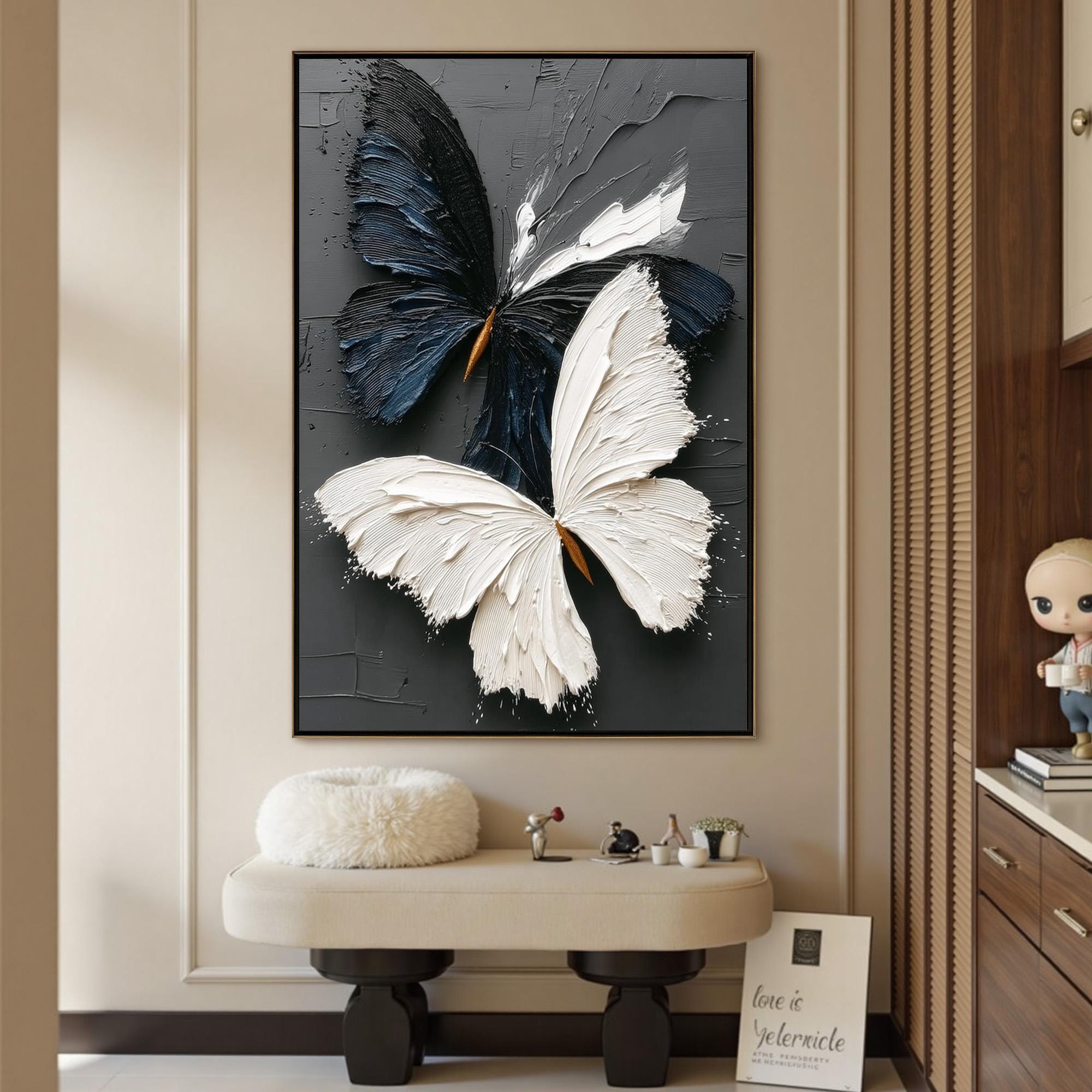 Dual Wings — Black and White Textured Butterfly Abstract Oil Painting, Modern Wall Art