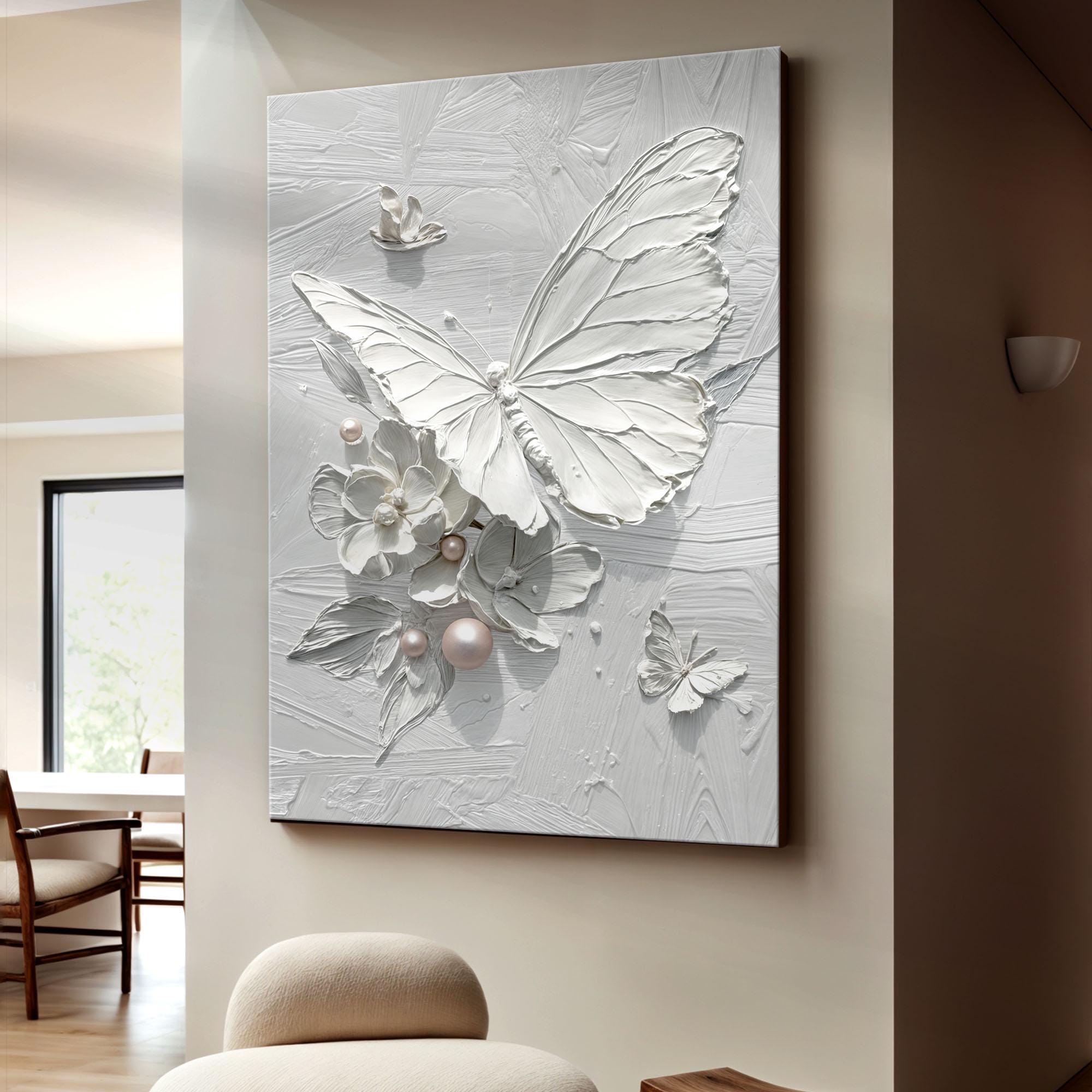 Pearl Wings — White Textured Butterfly and Floral 3D Oil Painting, Modern Luxury Wall Art