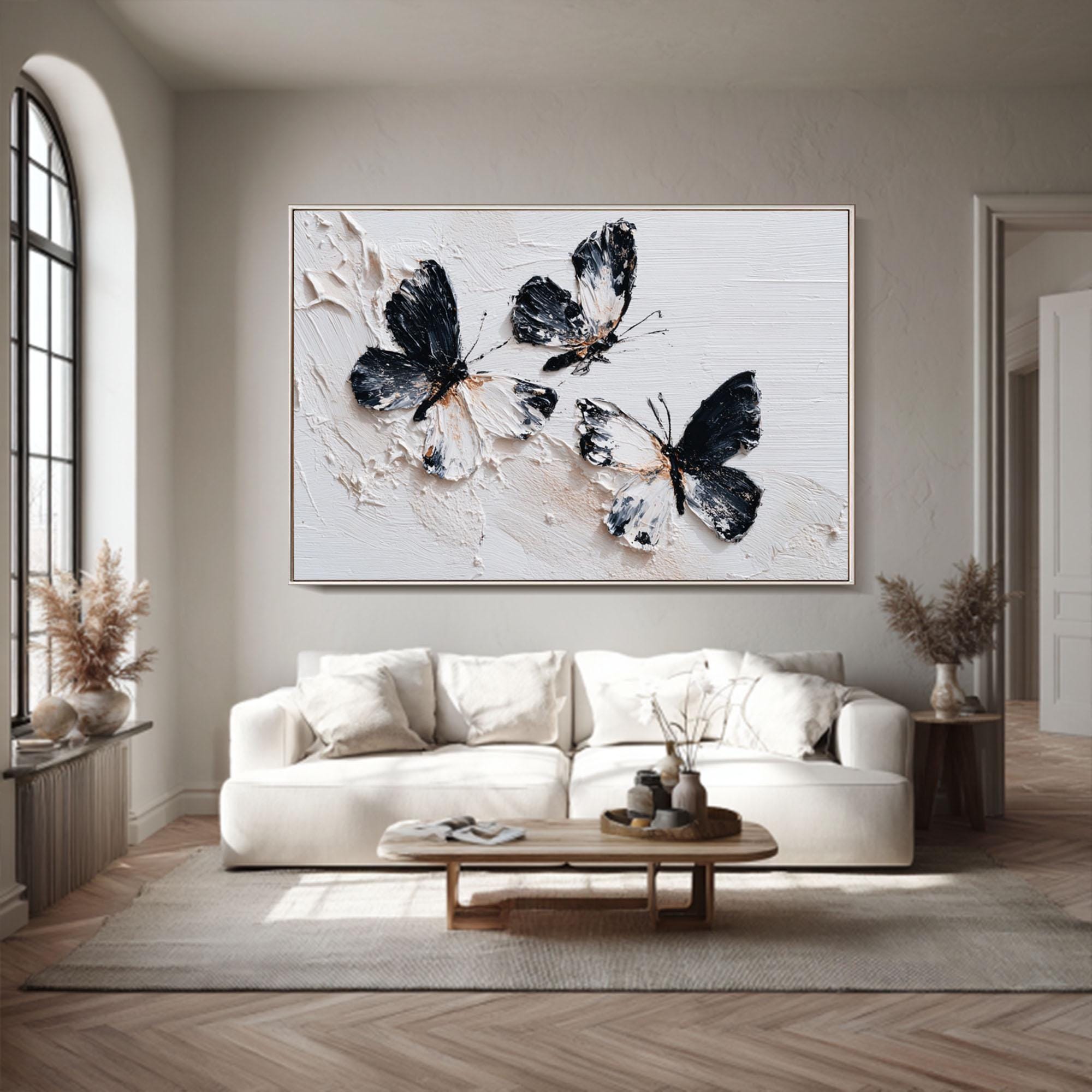 Flutter Trio — Black and White Textured Butterfly Oil Painting, Minimalist Modern Wall Art