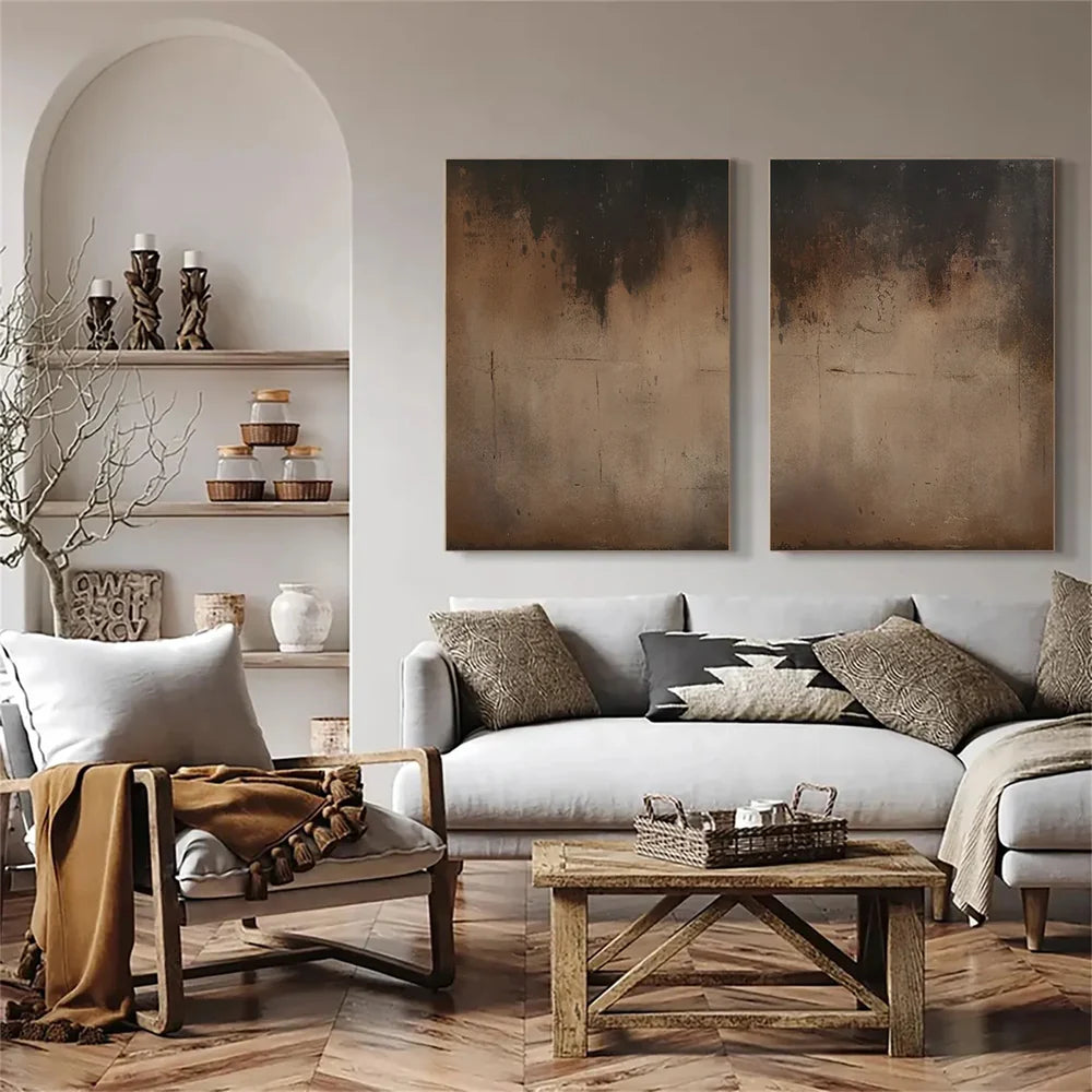 Wabi-Sabi Balance — Minimalist Abstract Textured Oil Painting Set of 2, Neutral Modern Diptych Wall Art