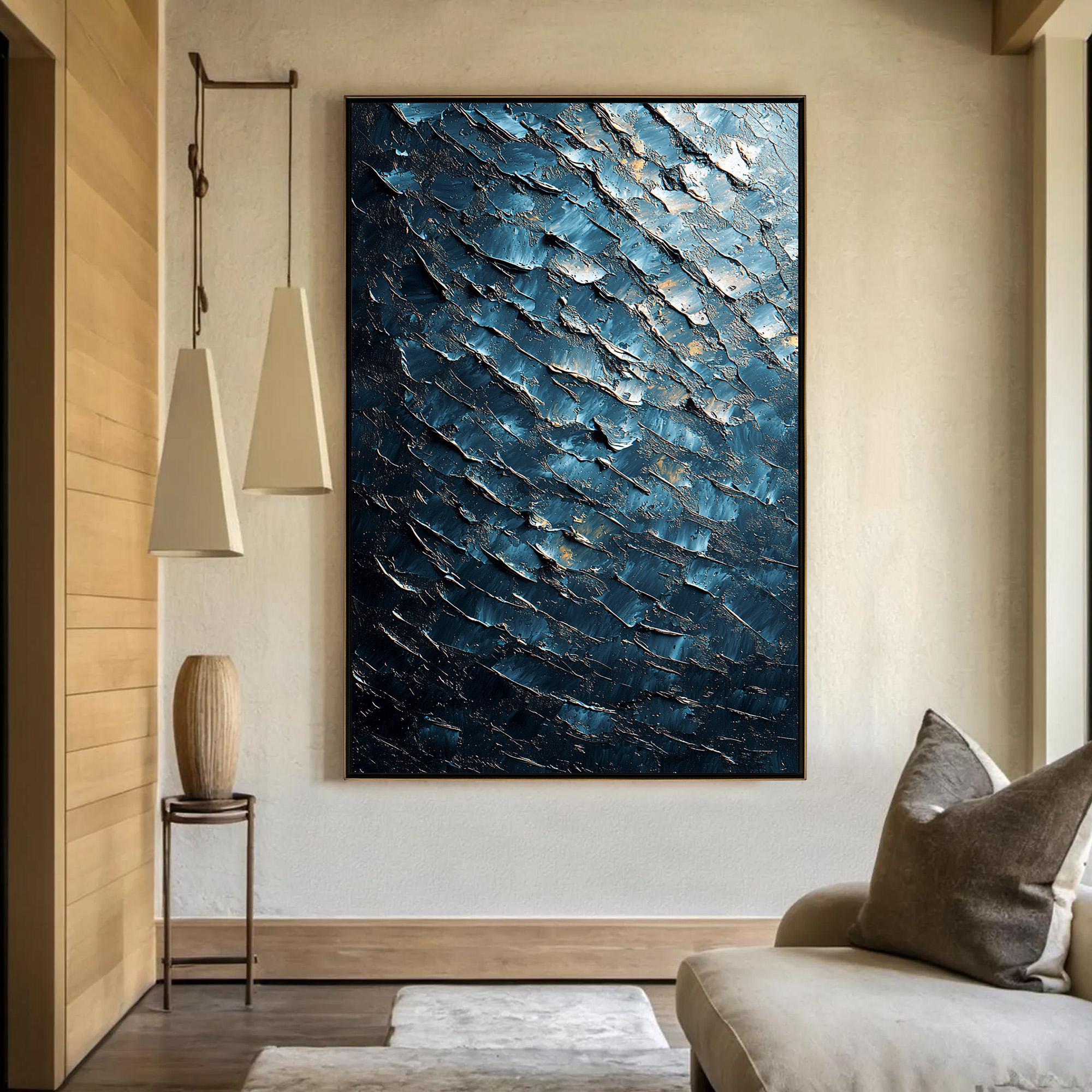Midnight Tide – Textured Blue and Gold Abstract Oil Painting