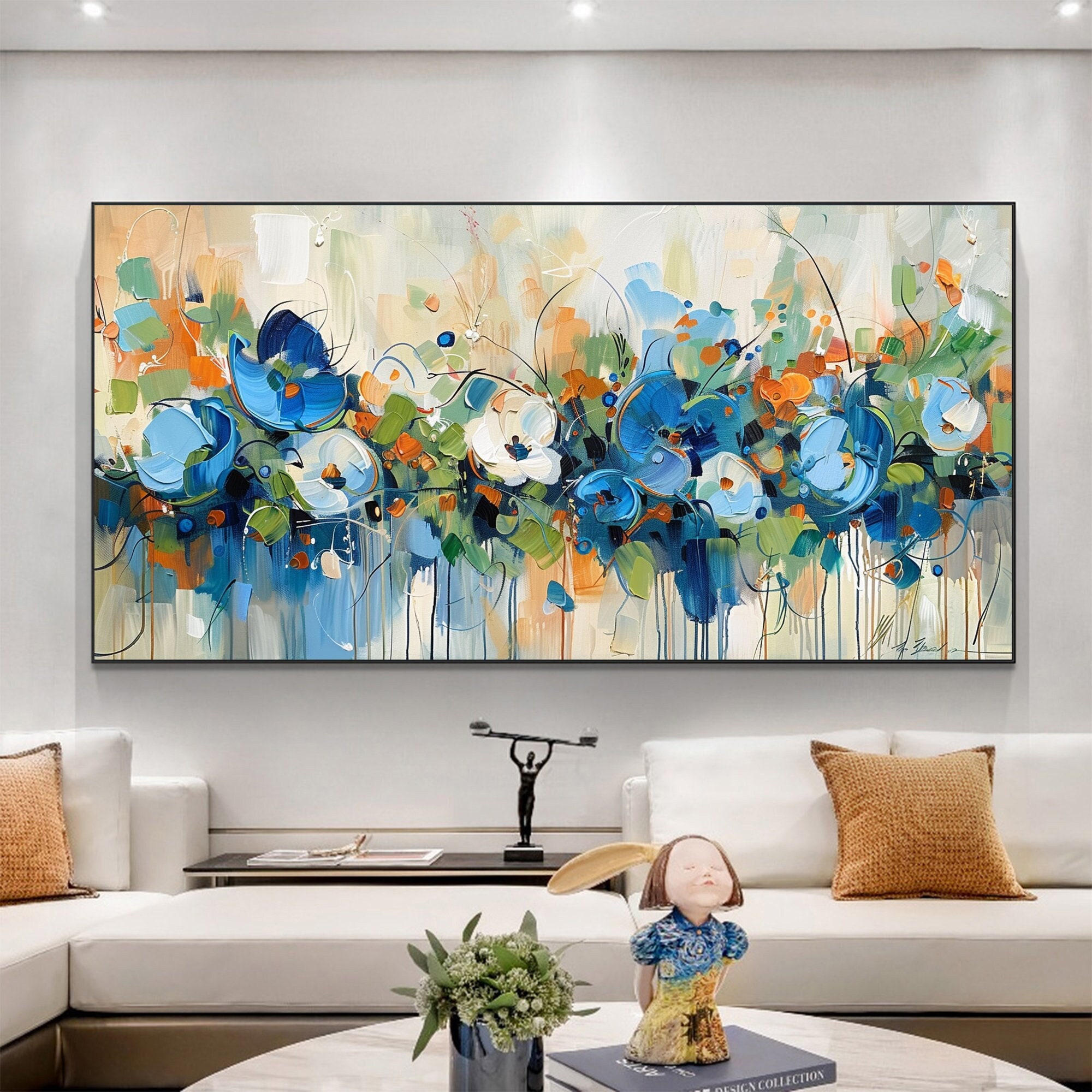 Blooming Riot - Colorful Abstract Floral Painting Blue Green Orange Wall Art on Canvas