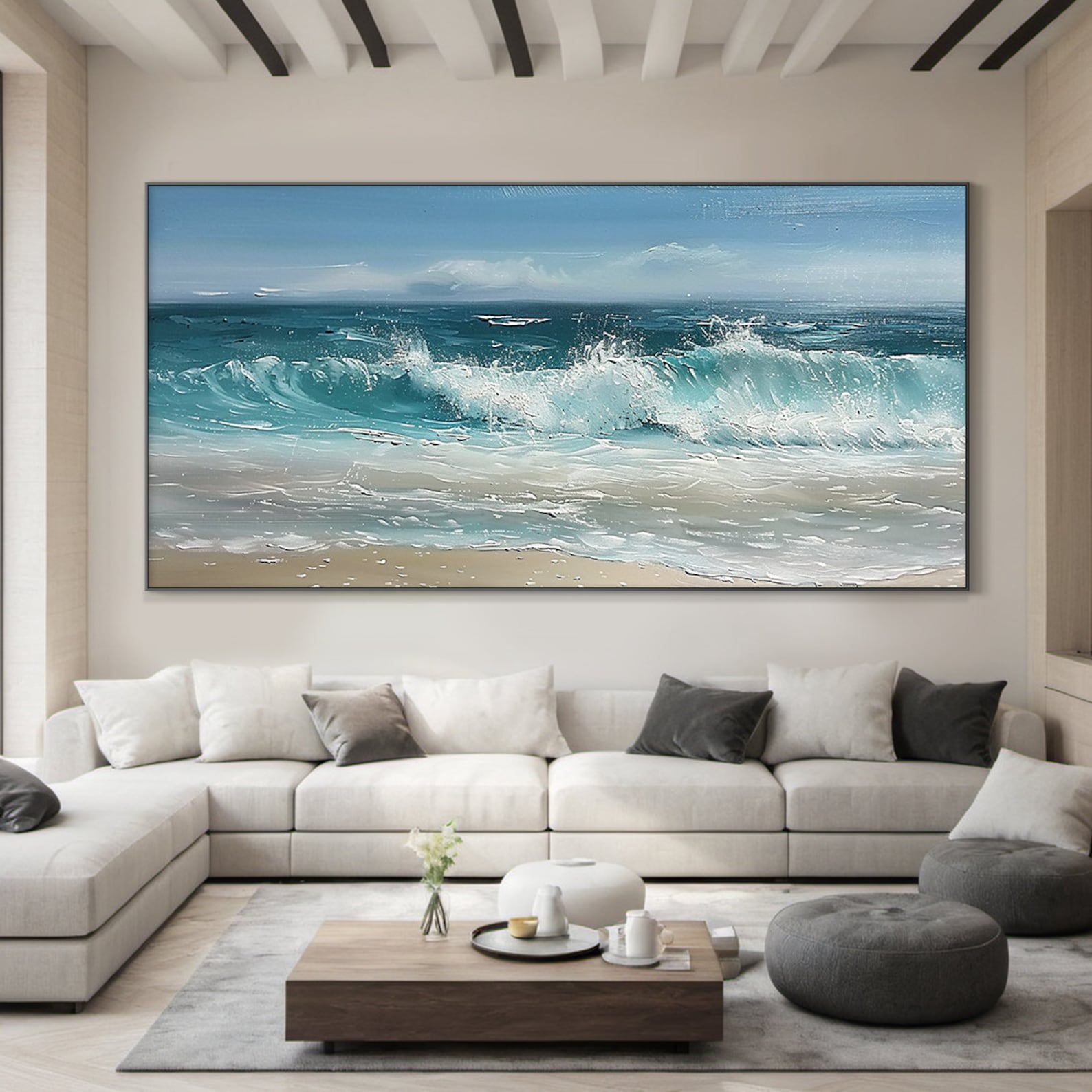 Shoreline Serenity - Realistic Ocean Wave Painting Coastal Beach Textured Wall Art