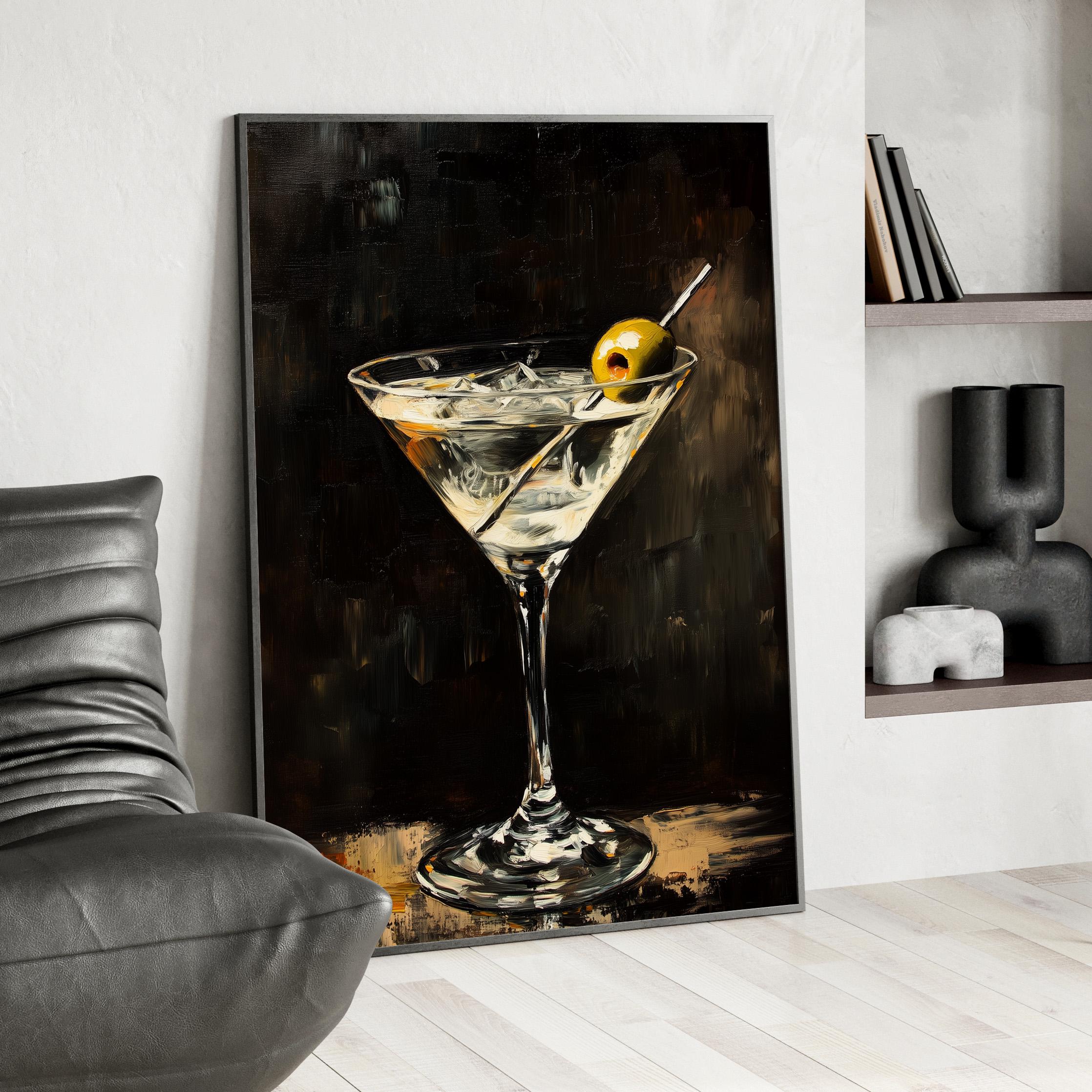 Olive Twist - Martini Glass Oil Painting Modern Bar Wall Art with Olive Detail