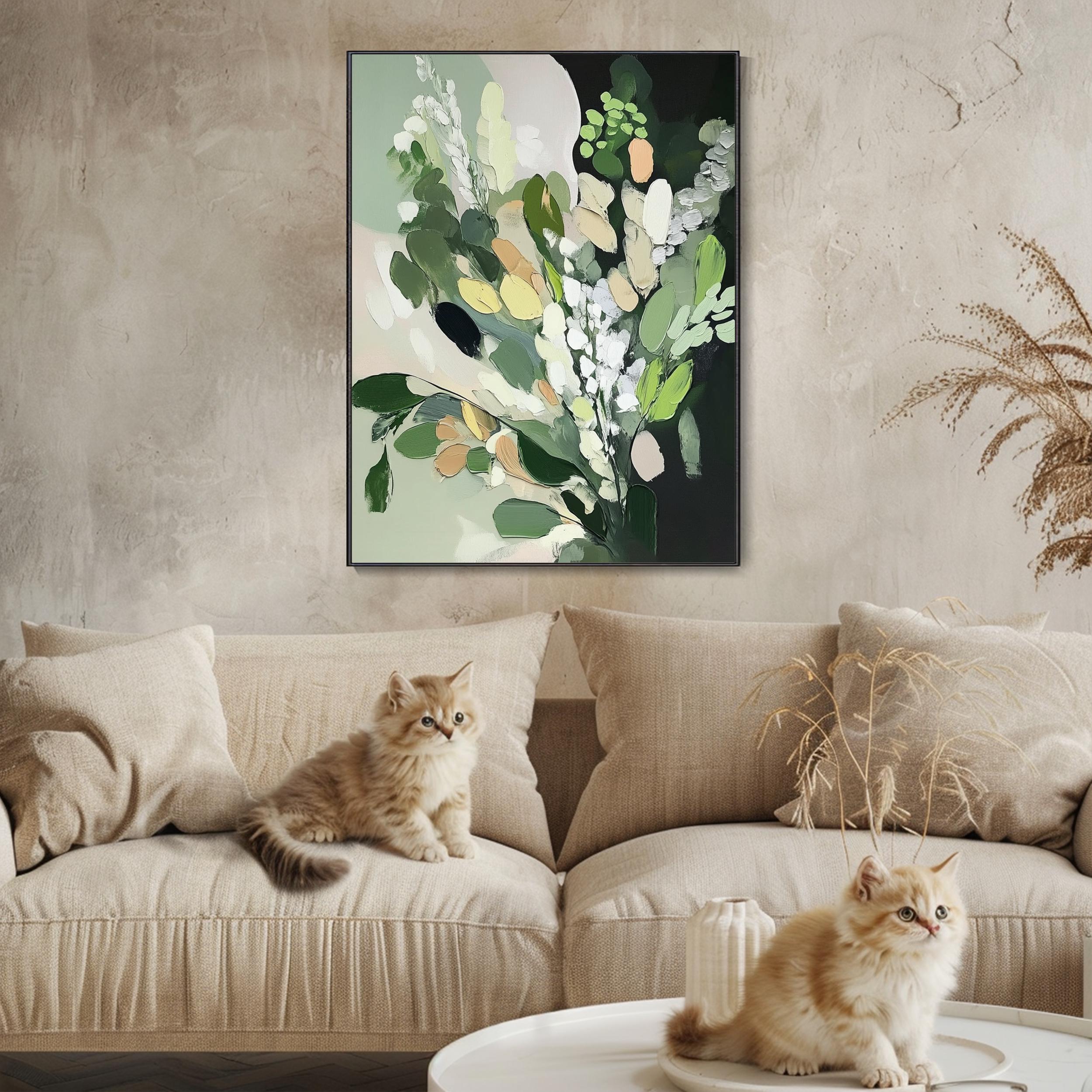 Verdant Whisper - Modern Textured Abstract Botanical Canvas Art Green Floral Painting