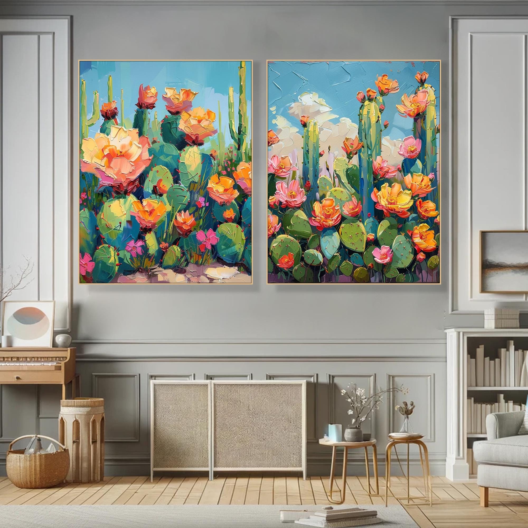 Desert Bloom – Cactus Flower Abstract Canvas Colorful Botanical Wall Art Set of 2