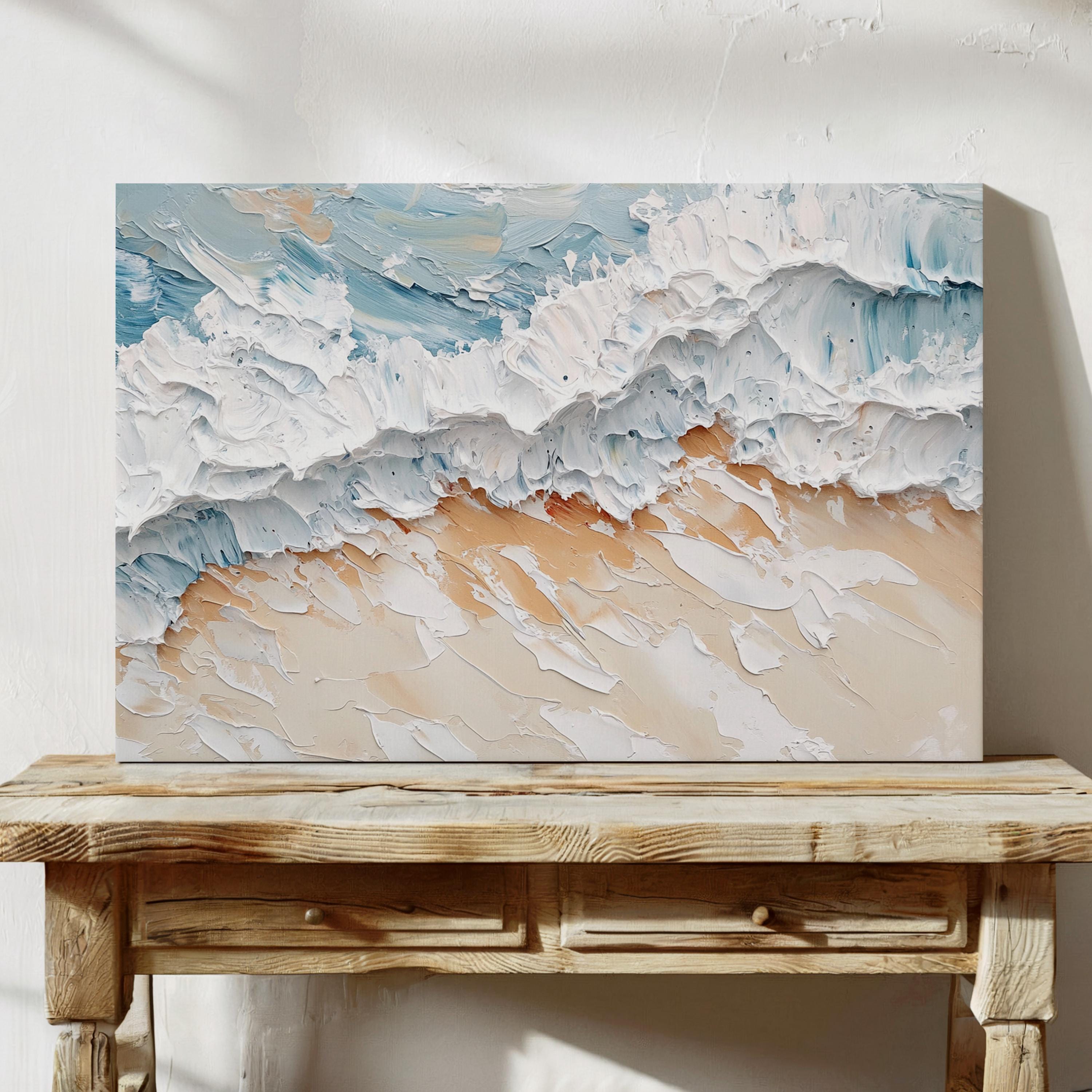 Shoreline Serenity – Textured Ocean Wave Canvas Abstract Beach Wall Art Horizontal
