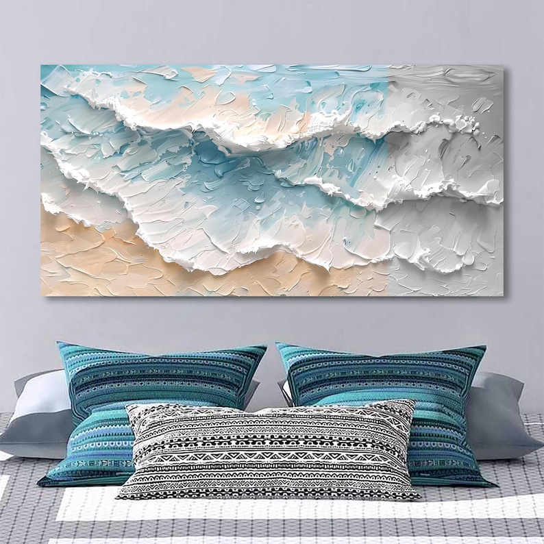 Frozen Tide – Coastal Wave Texture Abstract Beach Wall Art Horizontal Canvas Painting