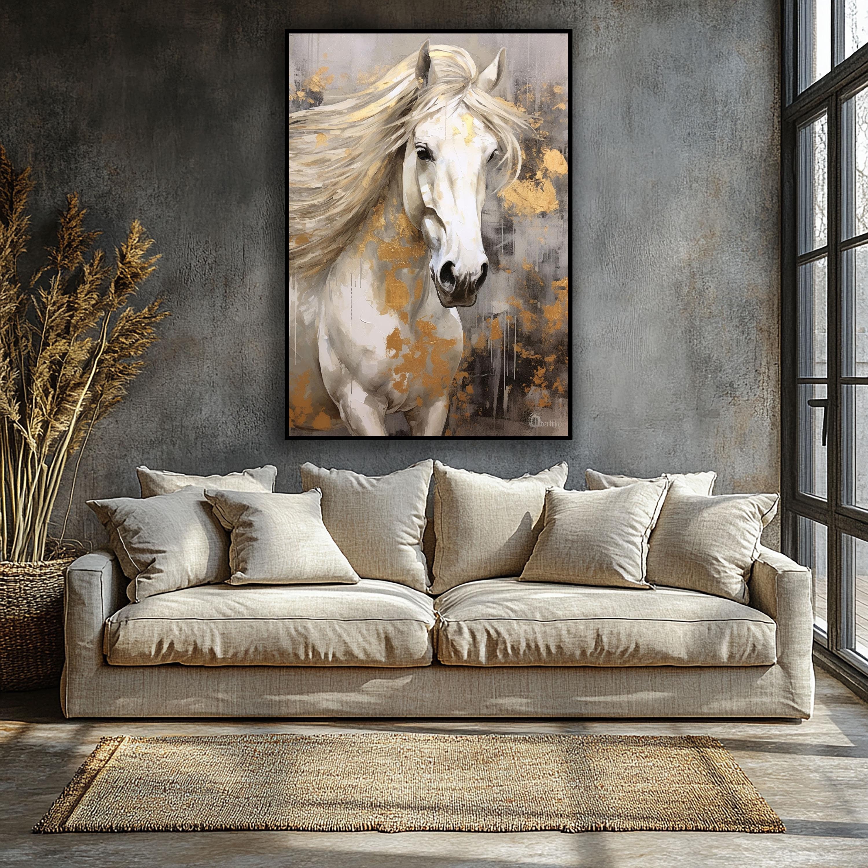 Golden Mane – Majestic White Horse Canvas Art