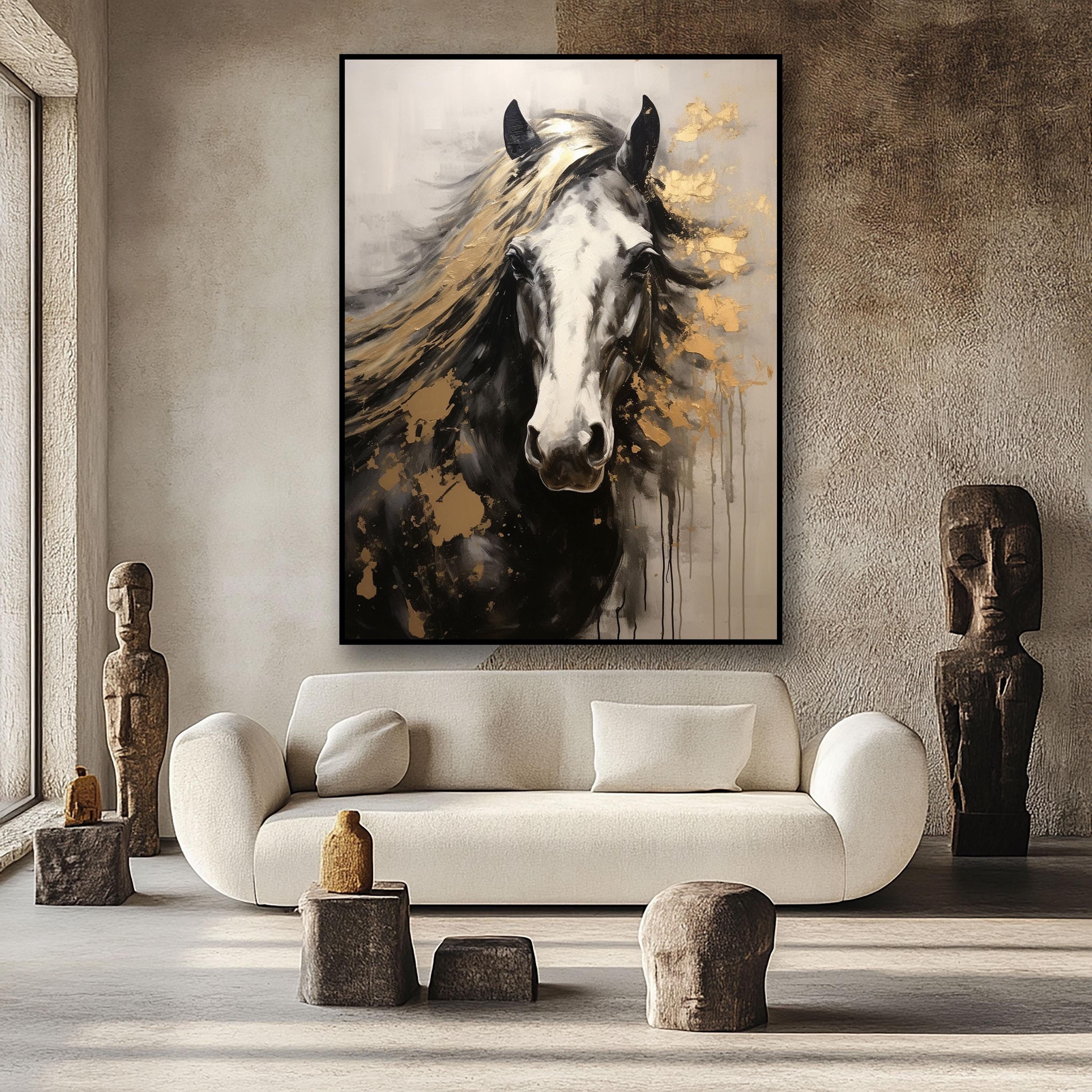 Golden Mane – Abstract Black Horse with Gold Accents