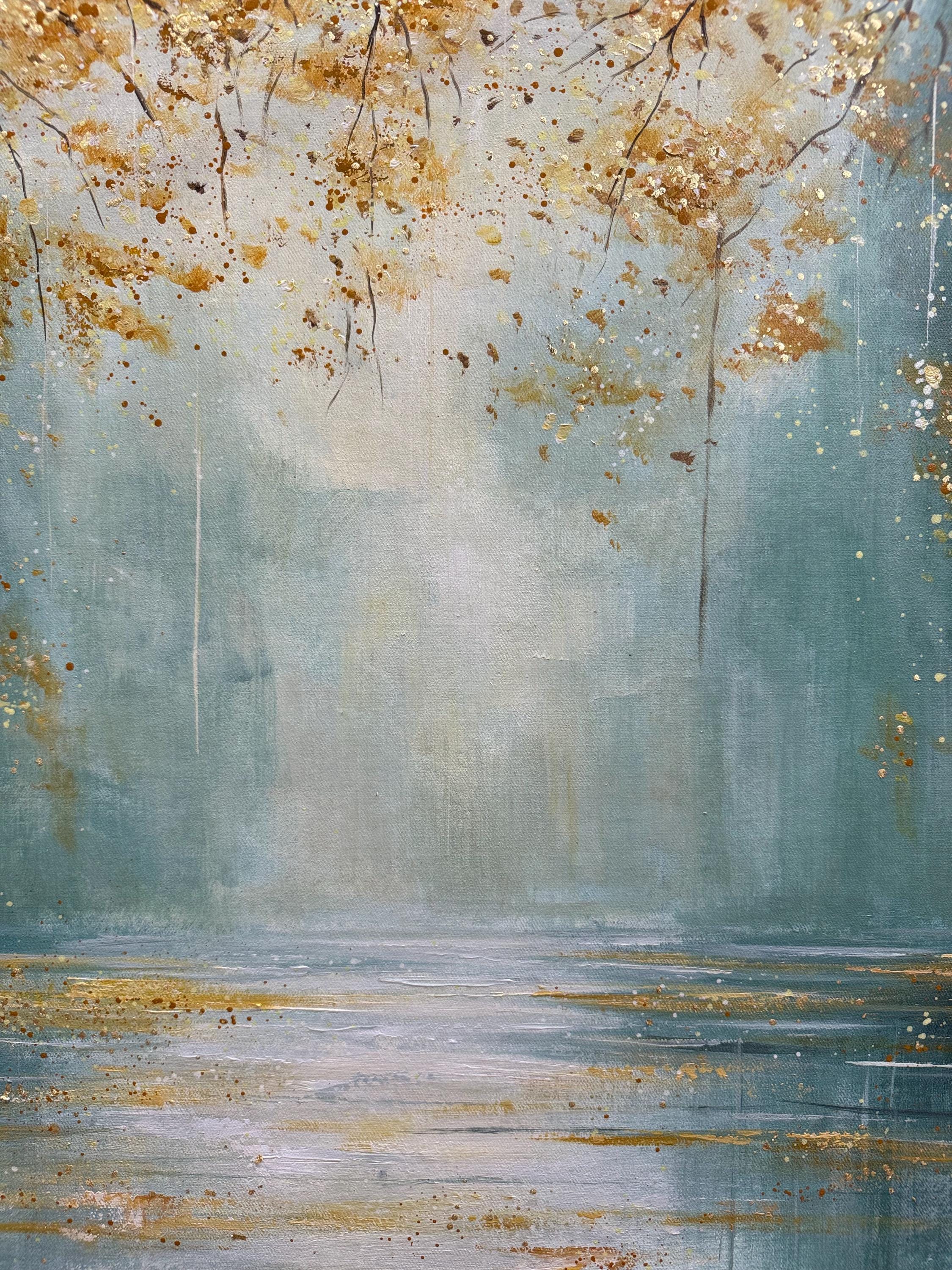 Golden Reflections – 3D Textured Forest and Lake Wall Art in Teal and Gold for Living Room Décor