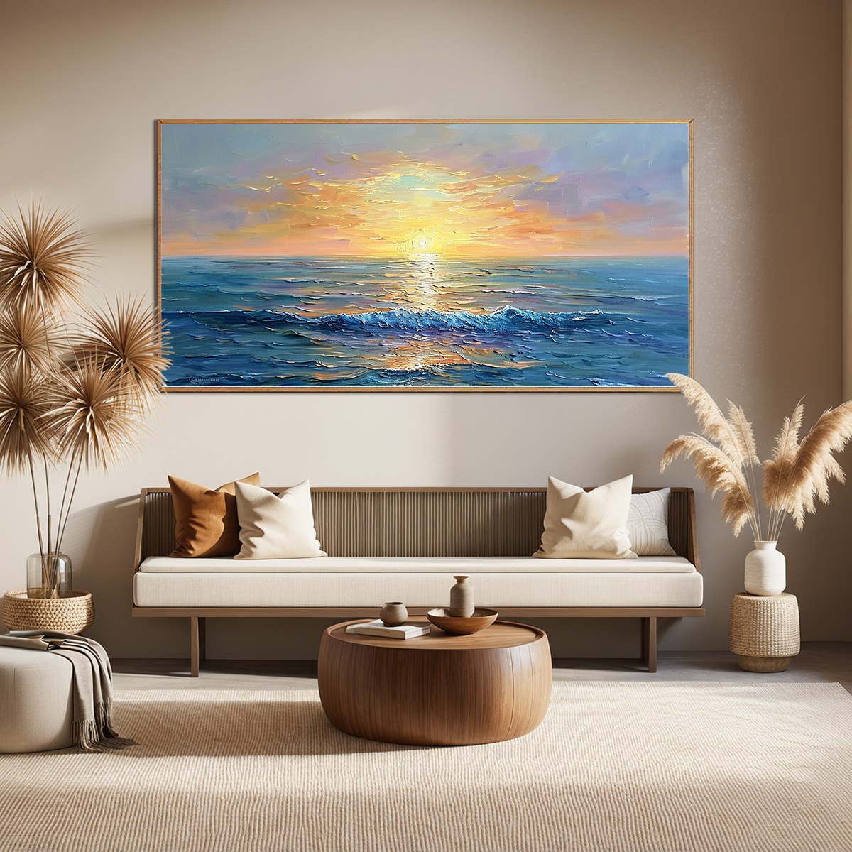 Golden Horizon – Textured Ocean Sunrise Wall Art