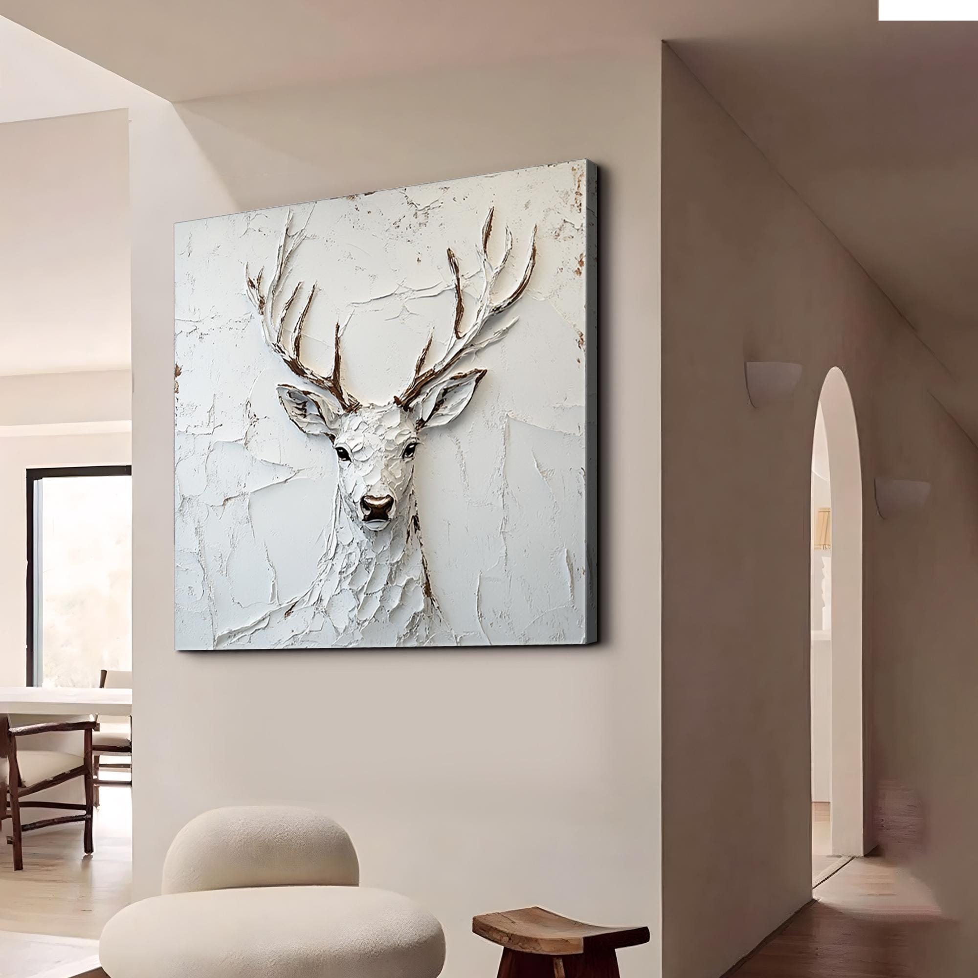 Silent Majesty – Textured White Stag Canvas Wall Art