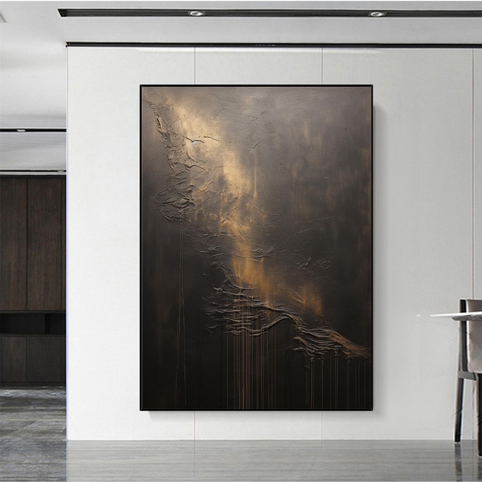 Echo of Shadows – Black and Gold Textured Abstract Canvas