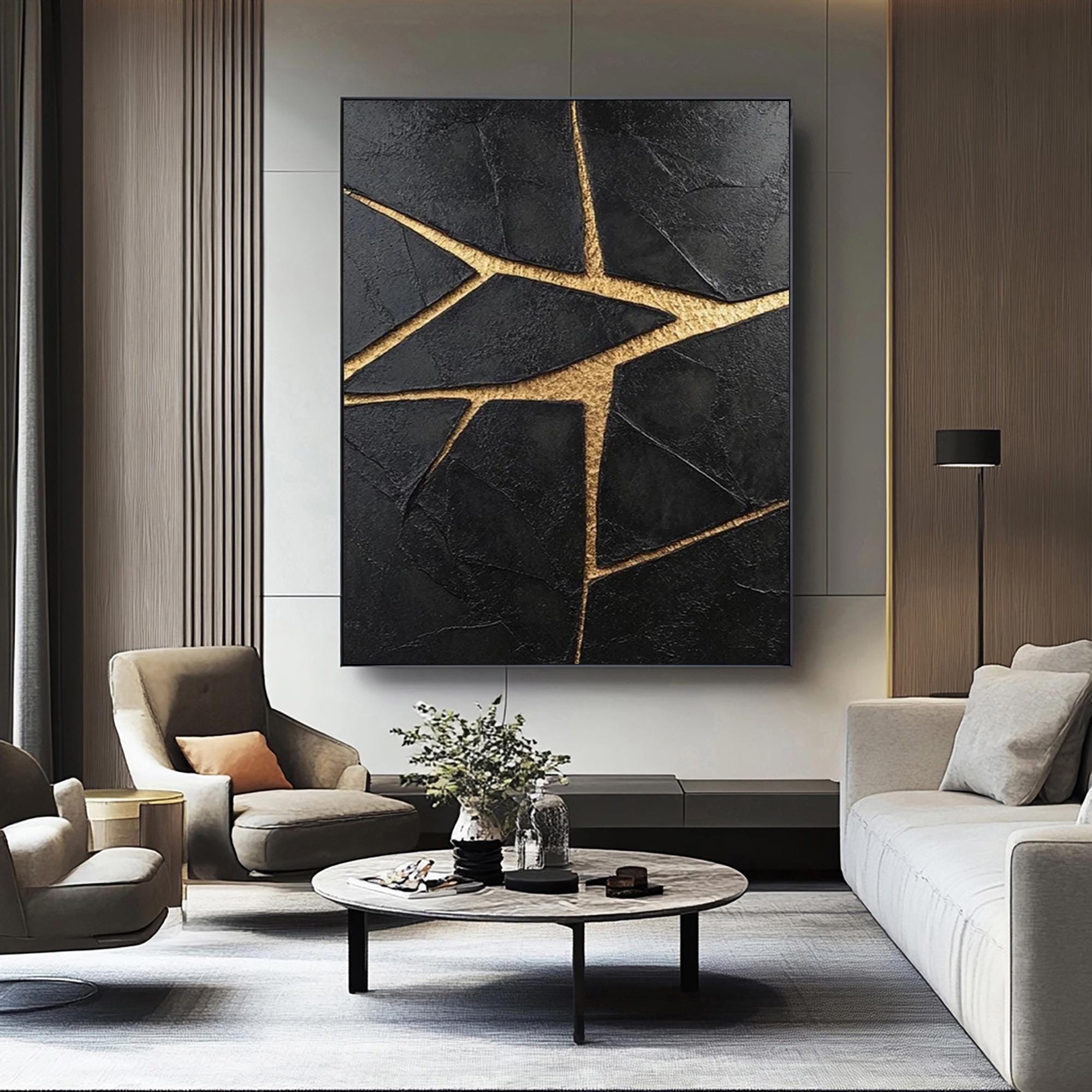 Fractured Gold - Black and Gold Textured Abstract Art