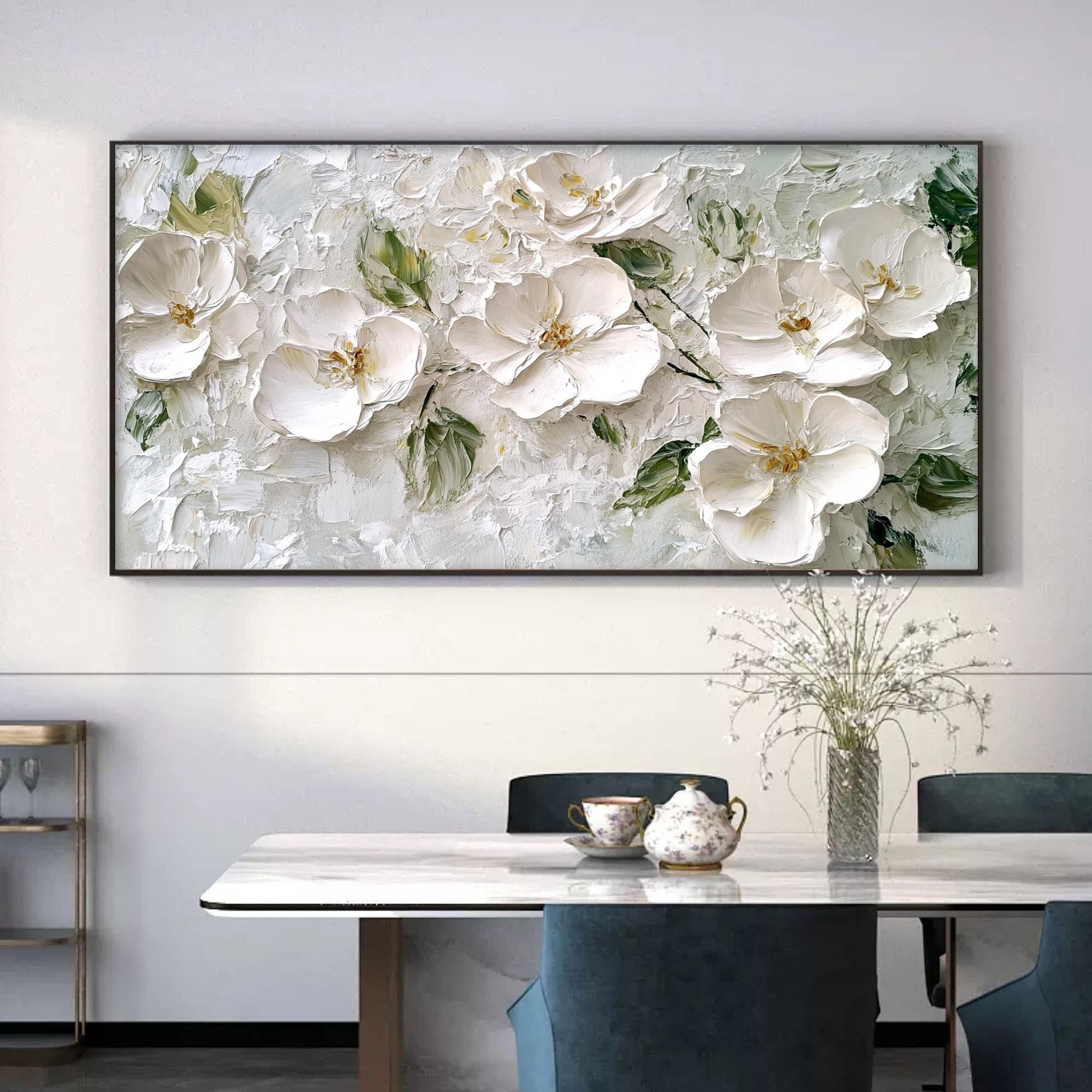 Textured White Floral Oil Painting - 3D Flower Wall Art for Dining Room