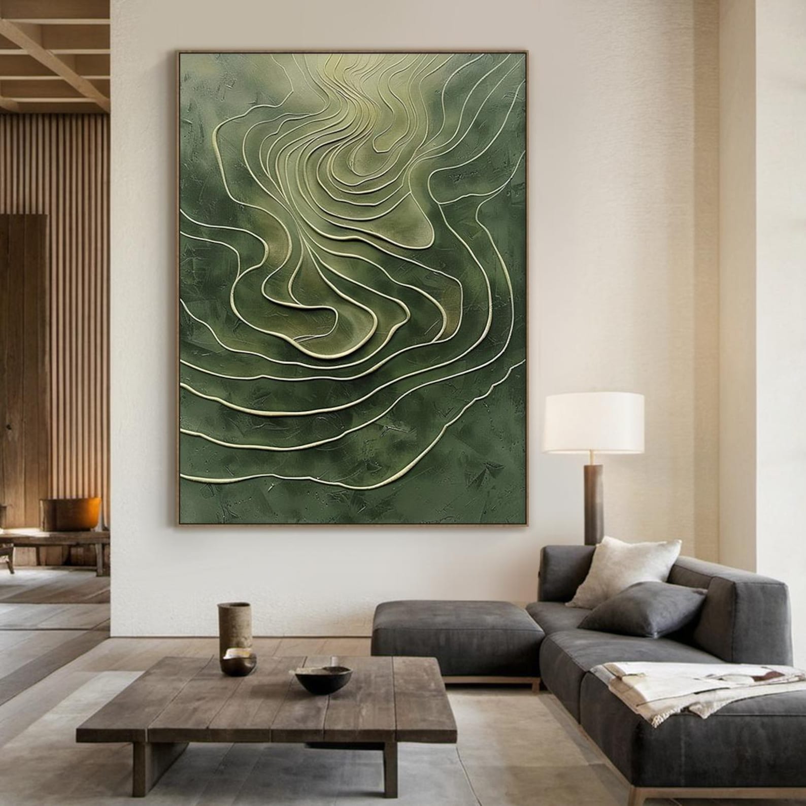 Terrace Flow - Large Green Textured Abstract Wall Art | Modern 3D Canvas for Living Room Decor