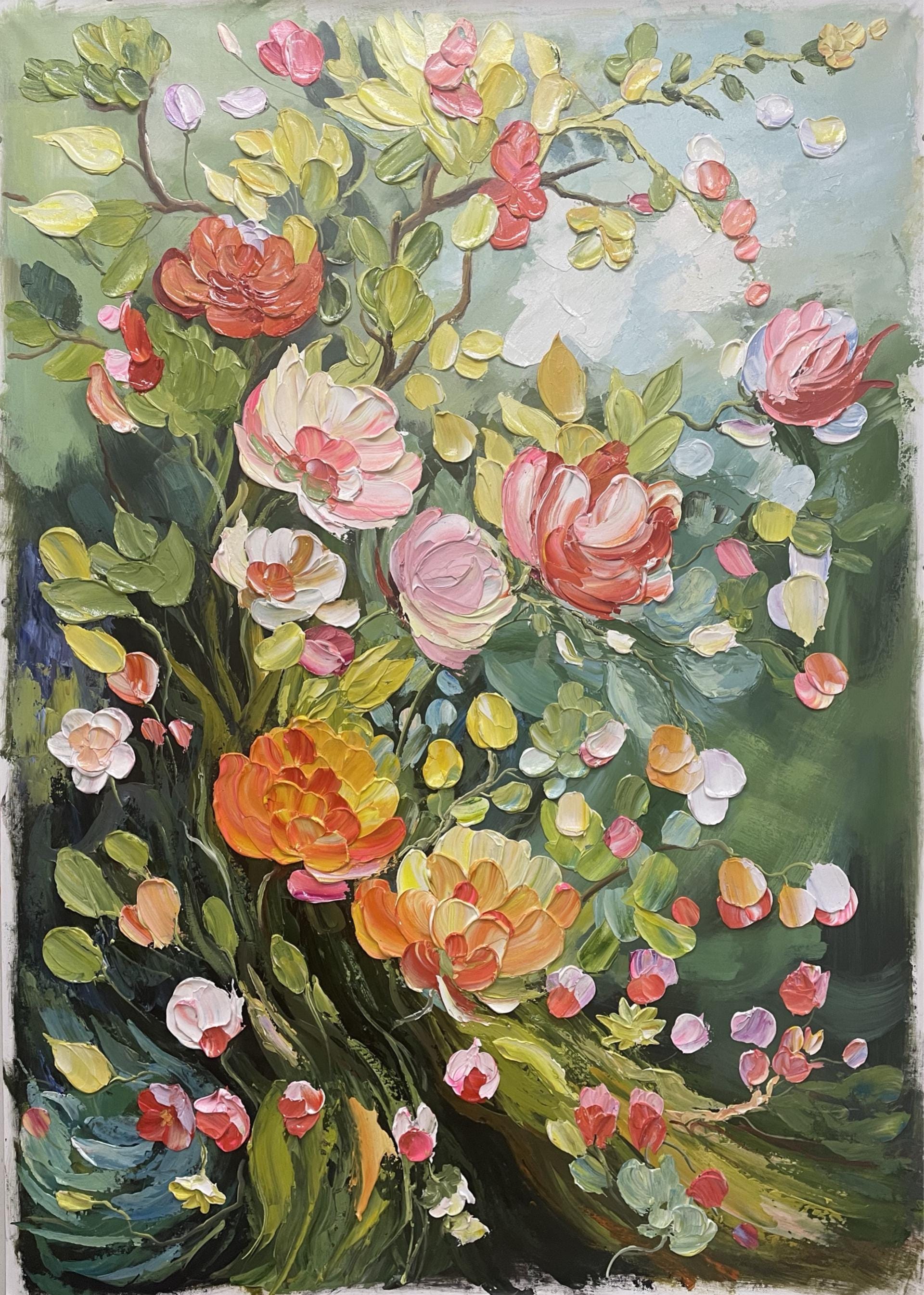 Blooming Elegance – Abstract Floral Painting, Textured Flower Canvas Wall Art for Modern Living Rooms