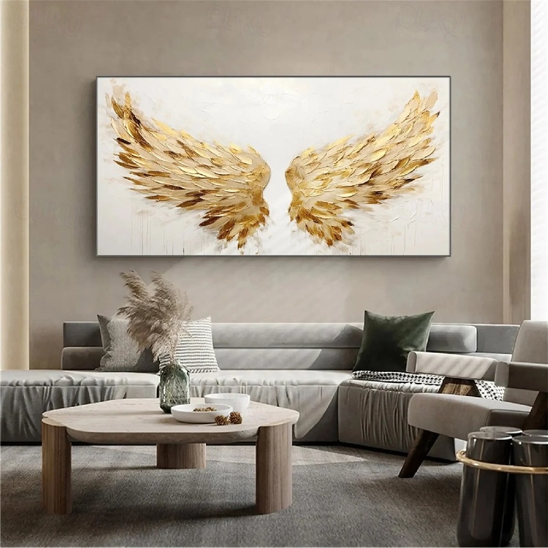Golden Wings Large Textured Angel Wing Abstract Canvas Wall Art