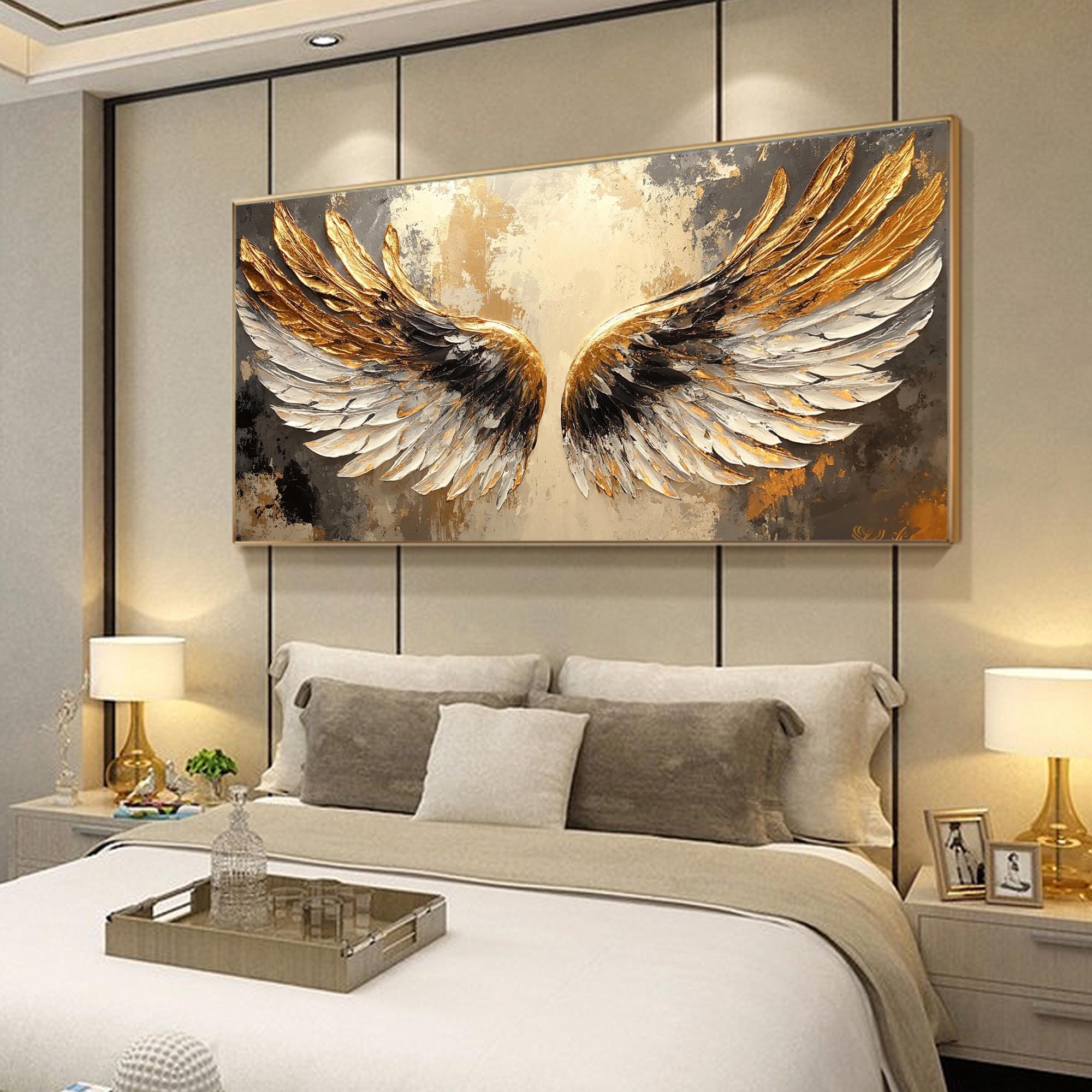 Eternal Wings – Large Textured Gold and White Angel Wing Canvas Wall Art