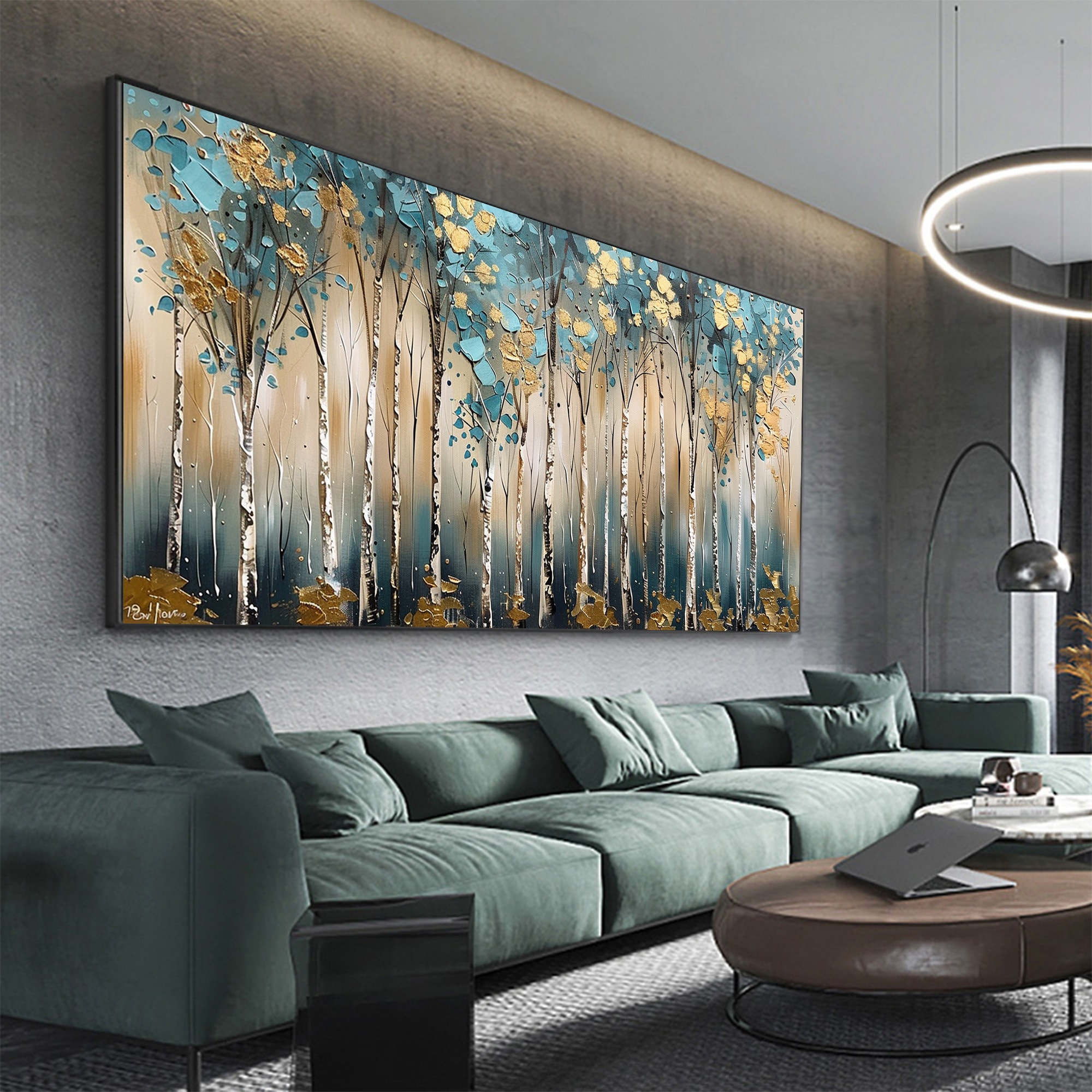 Golden Forest – 3D Textured Tree Wall Art in Teal and Gold Tones for Modern Living Room Décor
