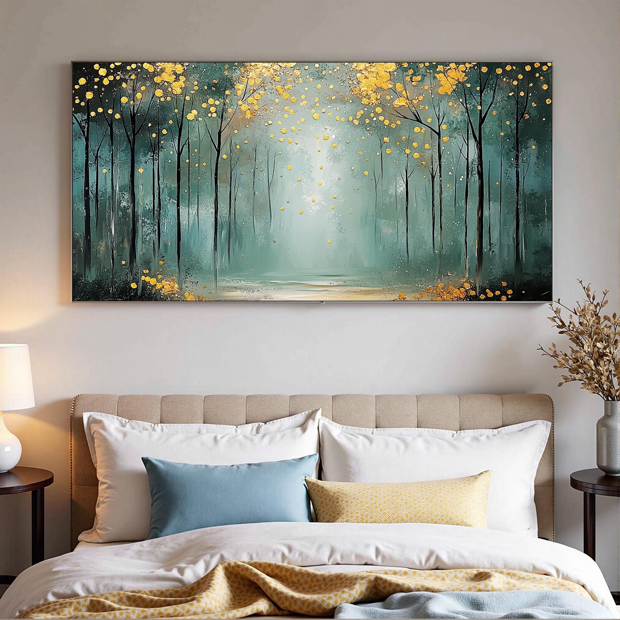 Golden Glow Forest – Abstract Tree Wall Art with Teal and Yellow Accents for Bedroom or Living Room