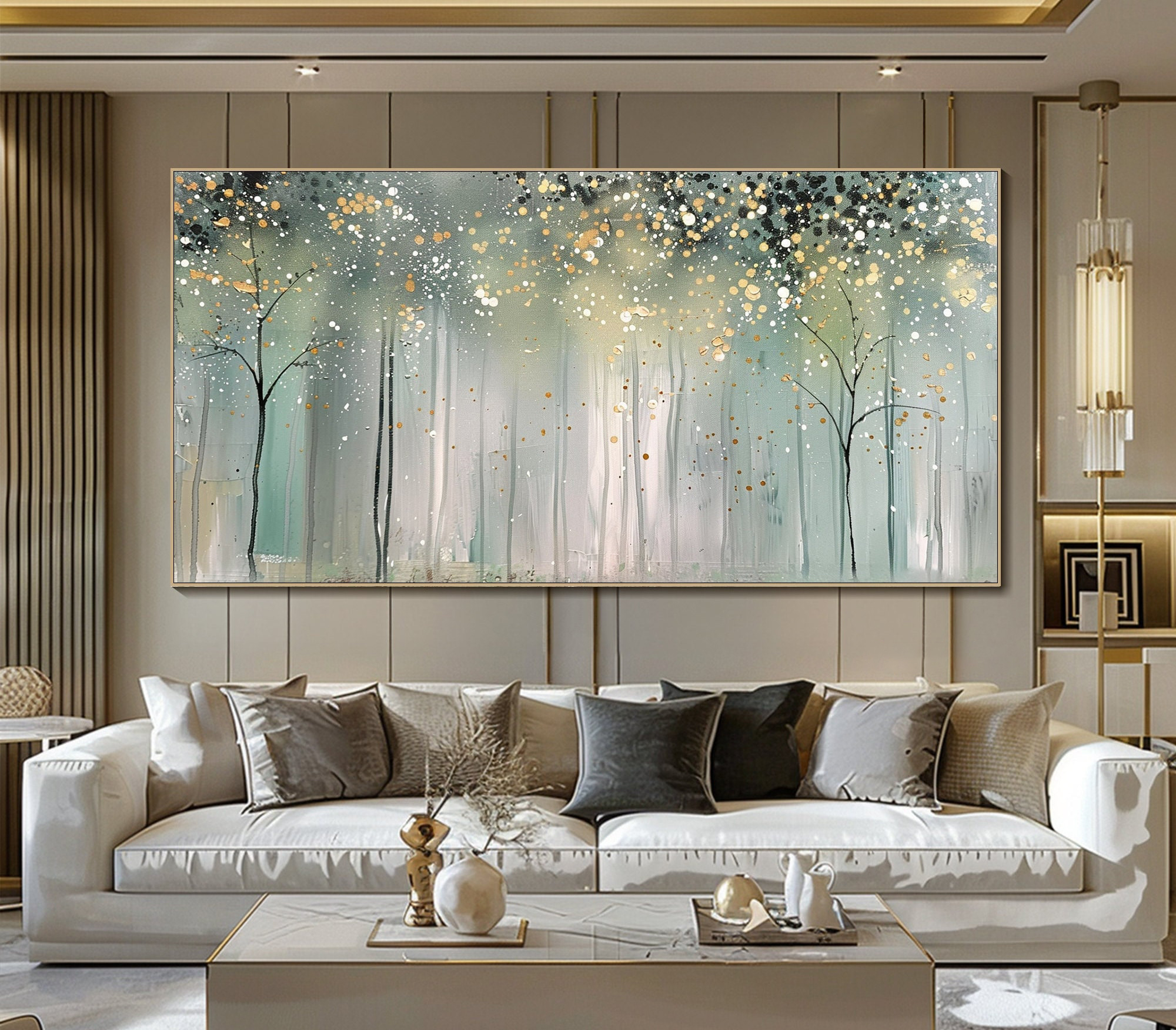 Dreamlight Forest – Abstract Tree Wall Art in Soft Teal, Cream and Gold Tones for Modern Living Room
