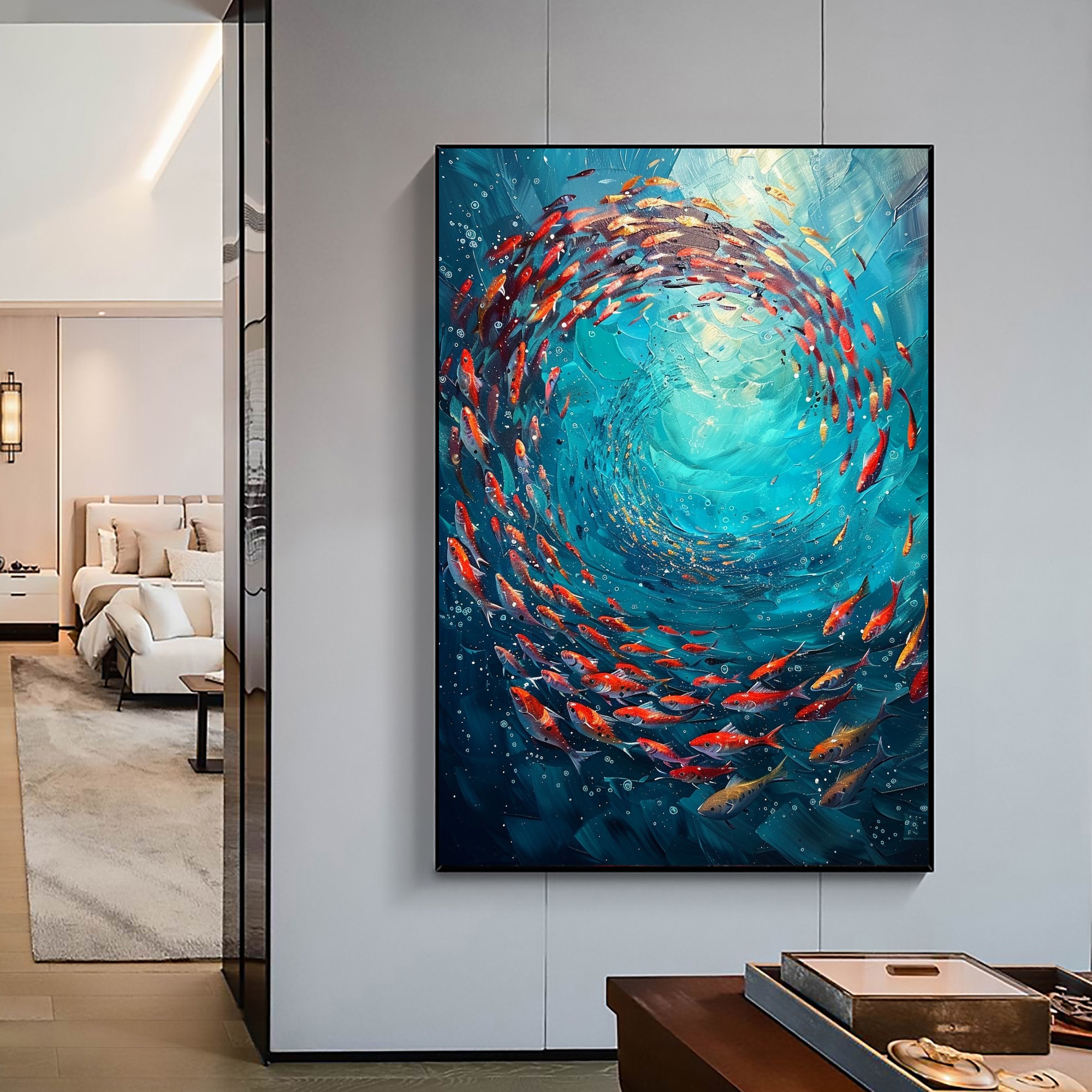 Swirling Tide – 3D Textured Fish in Blue Water Oil Painting