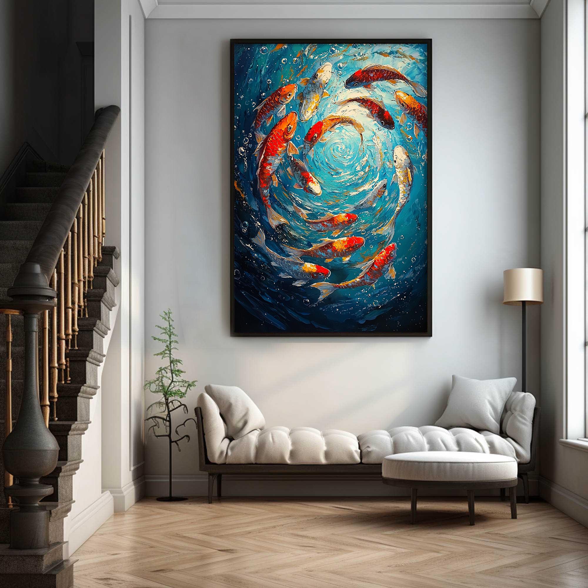 Whirlpool of Koi – 3D Textured Fish Oil Painting for Living Room or Office Decor