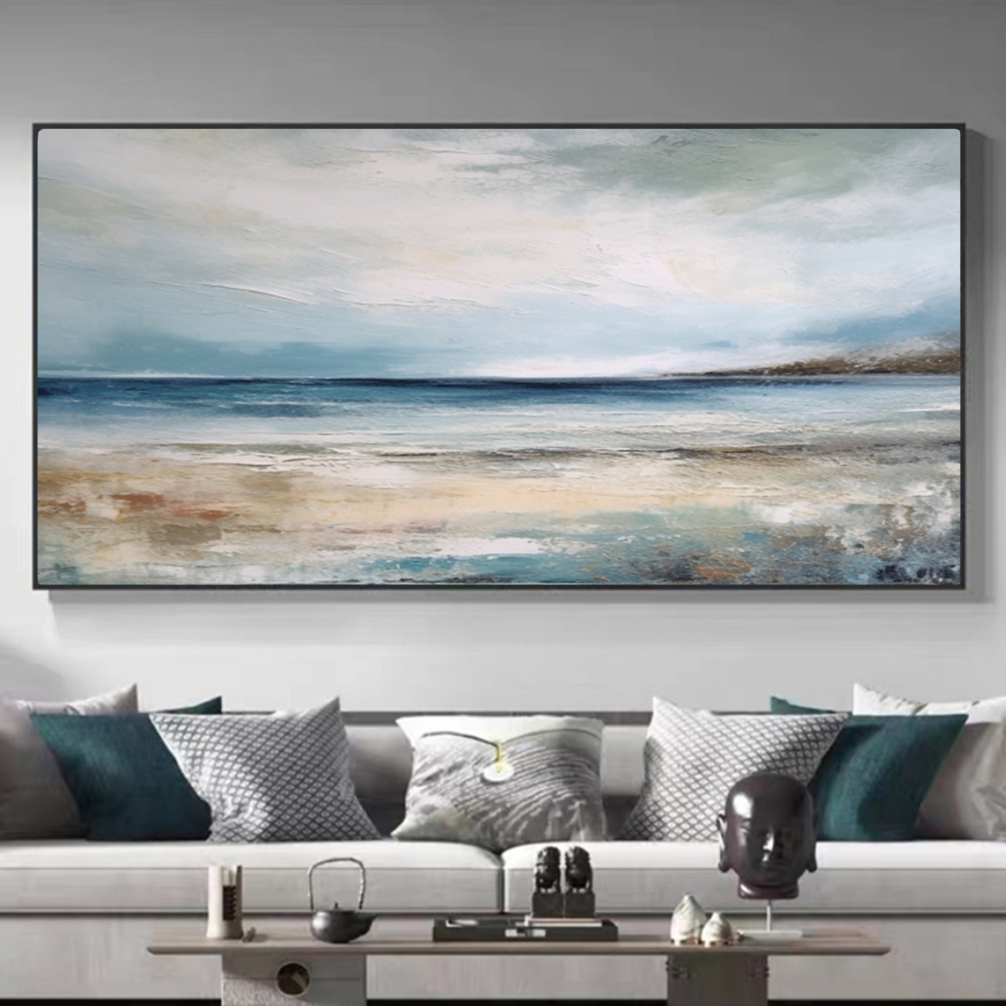 Calm Horizon - Large Coastal Seascape Oil Painting, Modern Textured Ocean Canvas Wall Art